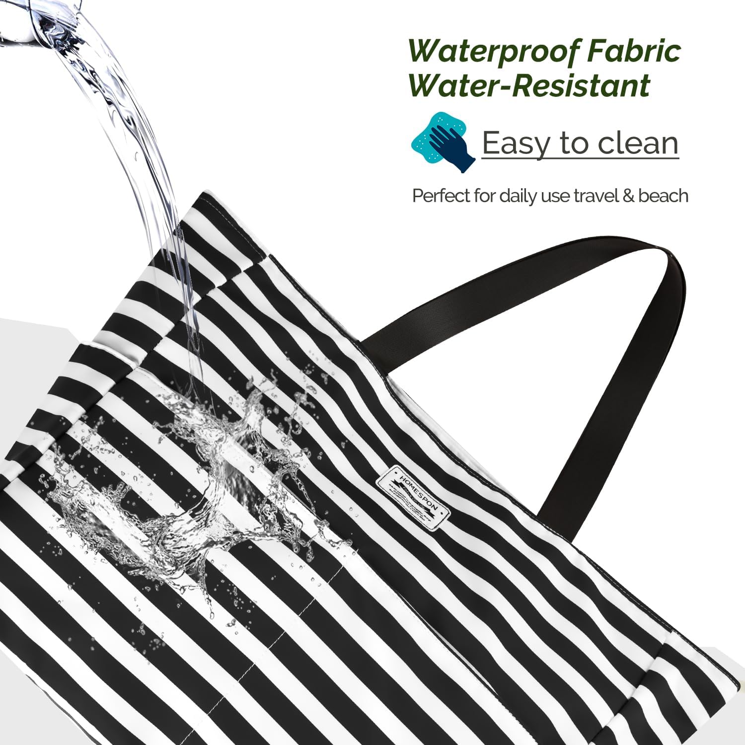 Thumbnail 4 de HOMESPON Large Waterproof Beach Tote Bag (Zip, Pockets, Foldable) – Black and White Stripes