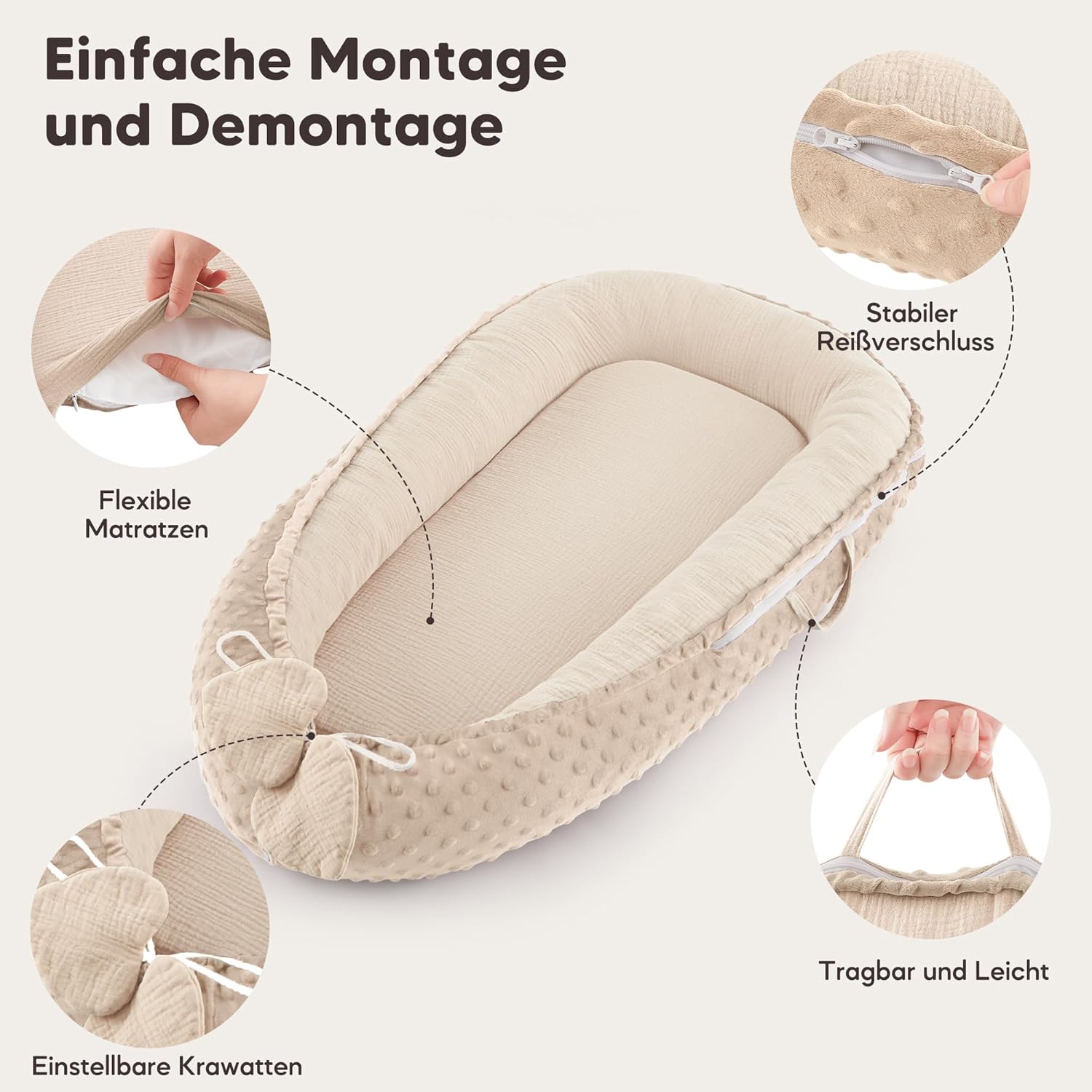 Detalle de Bearmoss Babynestchen Kuschelnest für Neugeborene, vielseitig & tragbar (90 x 55 cm) – Reinweiß
