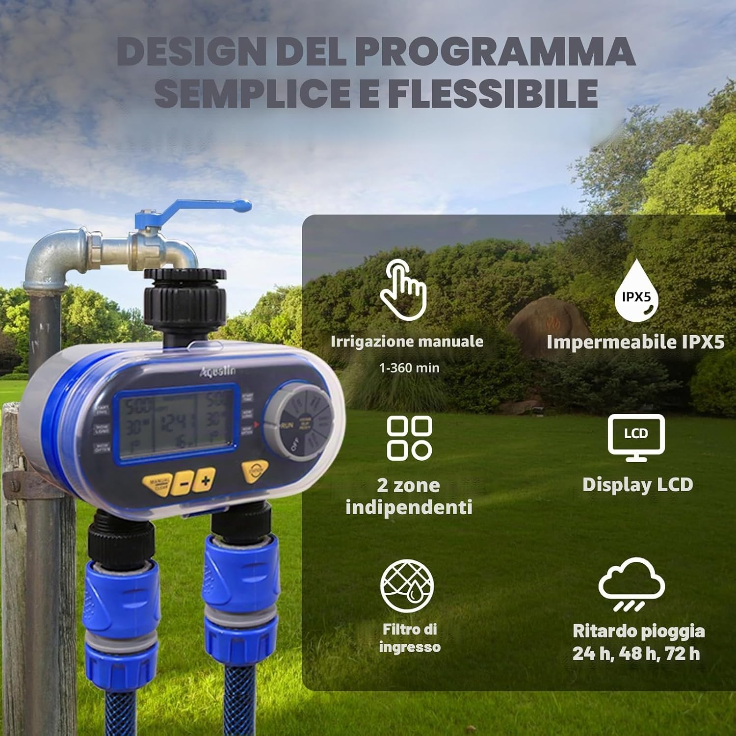 Detalle de Aqualin timer per irrigatori con 2 uscite, due valvole programmabili e Rain Delay