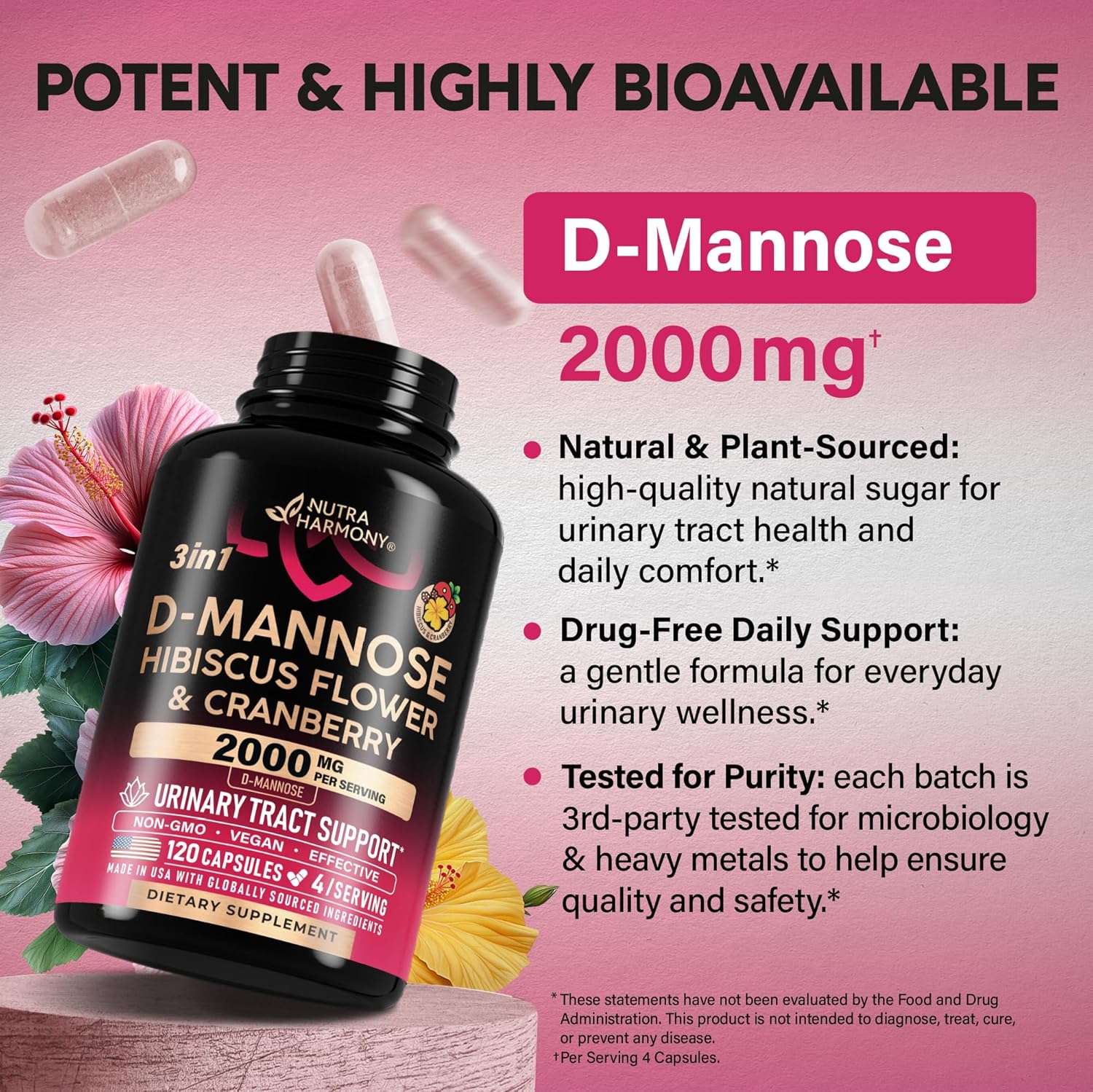 Detalle 2 de NUTRAHARMONY NH-DMANSCPS120 D-Mannose Capsules, 2,000 mg with Cranberry
