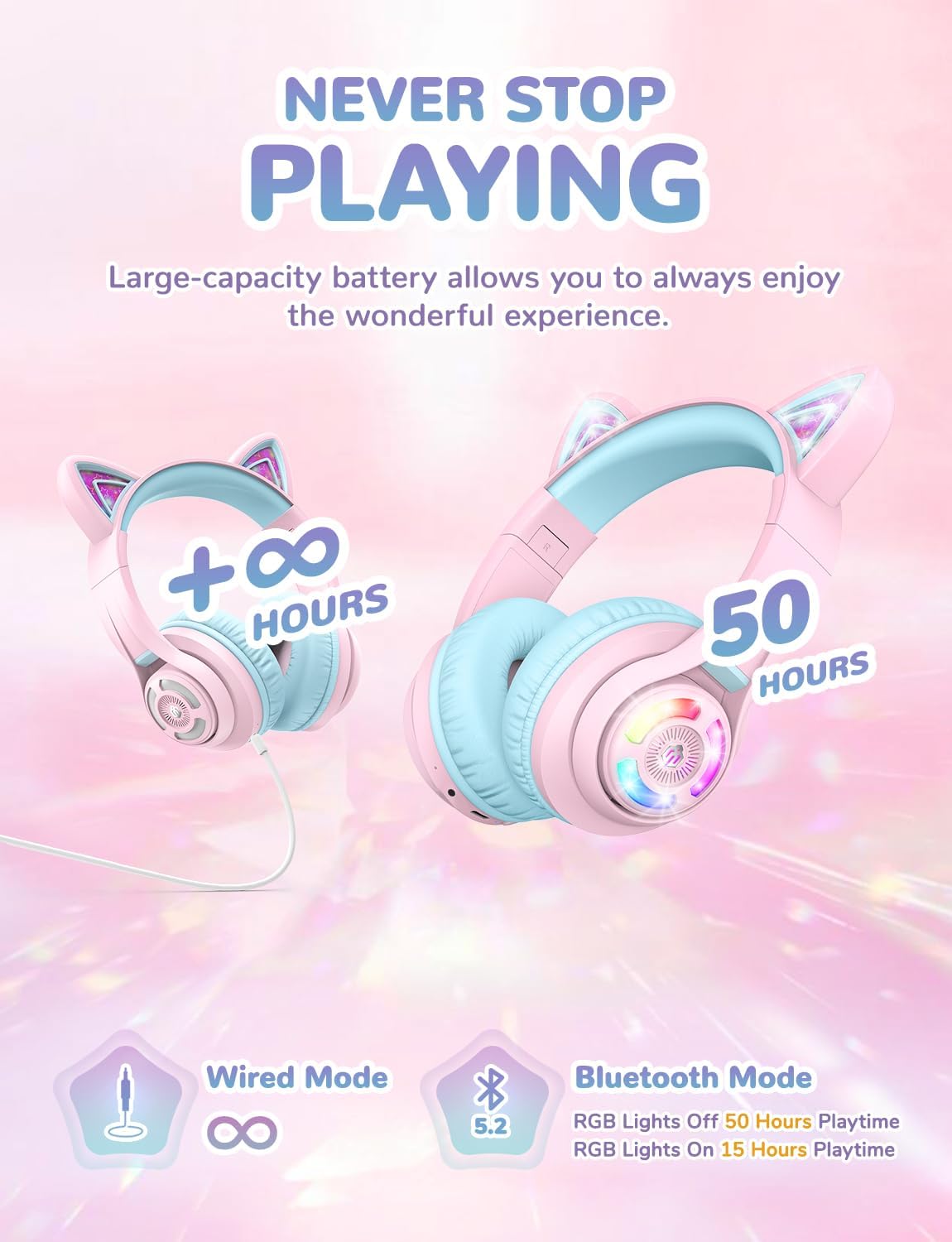 Detalle 2 de iClever Kids BTH13 Bluetooth Cat Ear Headphones with LED Lights and Volume Limiting (Wireless + 3.5mm)