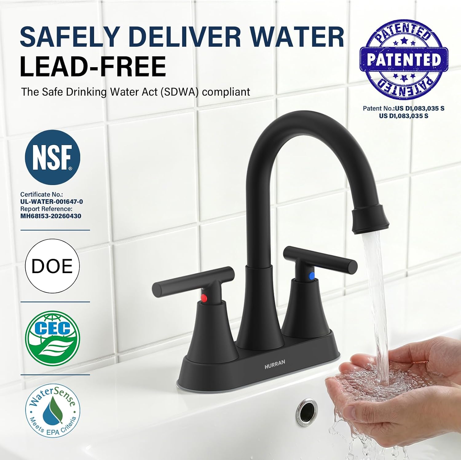 Detalle de Hurran 4-Inch Centerset Matte Black Bathroom Faucet (3-Hole Sink) with Pop-Up Drain and Supply Hoses