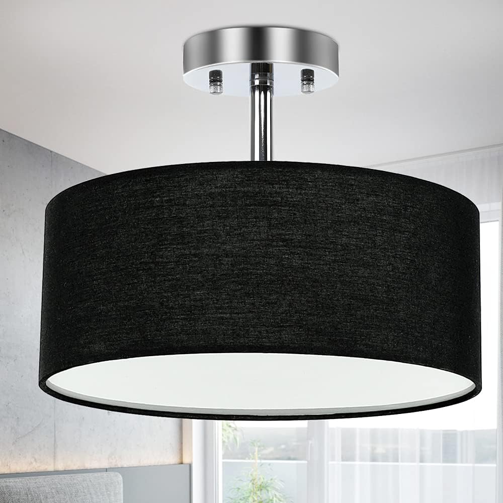 Detalle de Depuley 3-Light Semi-Flush Mount Ceiling Light Fixture with Black Fabric Drum Shade