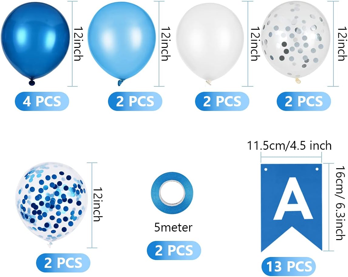 Detalle de Vicloon födelsedagsbanderoll, 27 delar med blå ballonger och konfetti