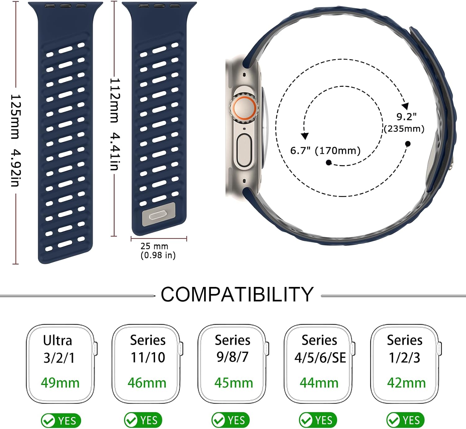Detalle de Tasikar Clip Magnetic Straps for Apple Watch 42–49mm (Dark Blue-Grey) — Silicone, Waterproof