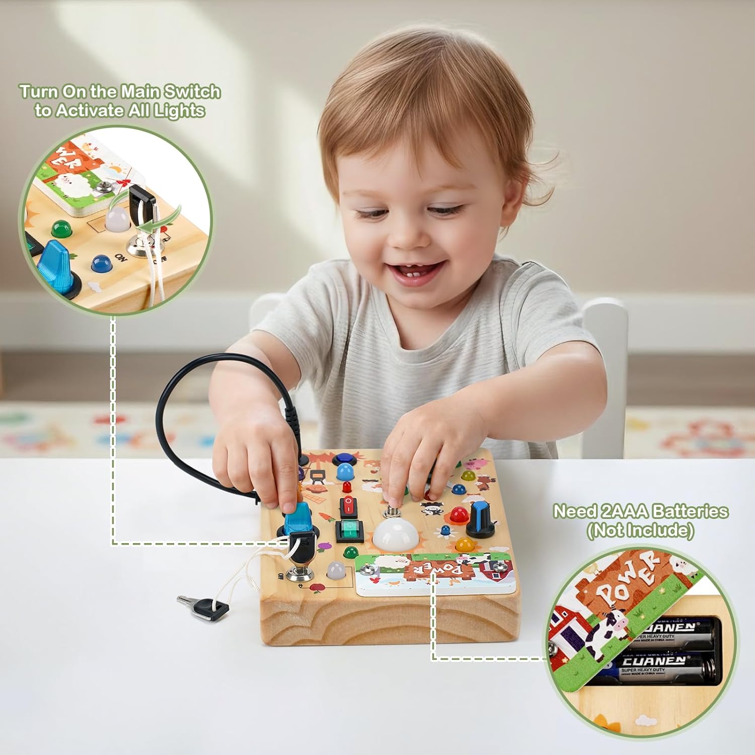 Detalle 2 de Sanlebi LED Busy Board for Toddlers, Wooden Farm Activity Toy with 10 Switches