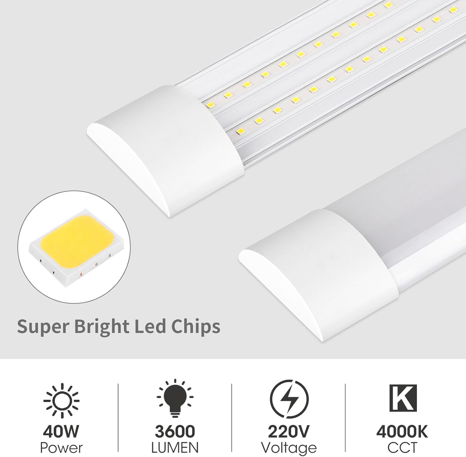 Detalle de HUMIGA 4 Pack 4ft LED Batten Light (40W, 3600lm) – Neutral White 4000K, IP20