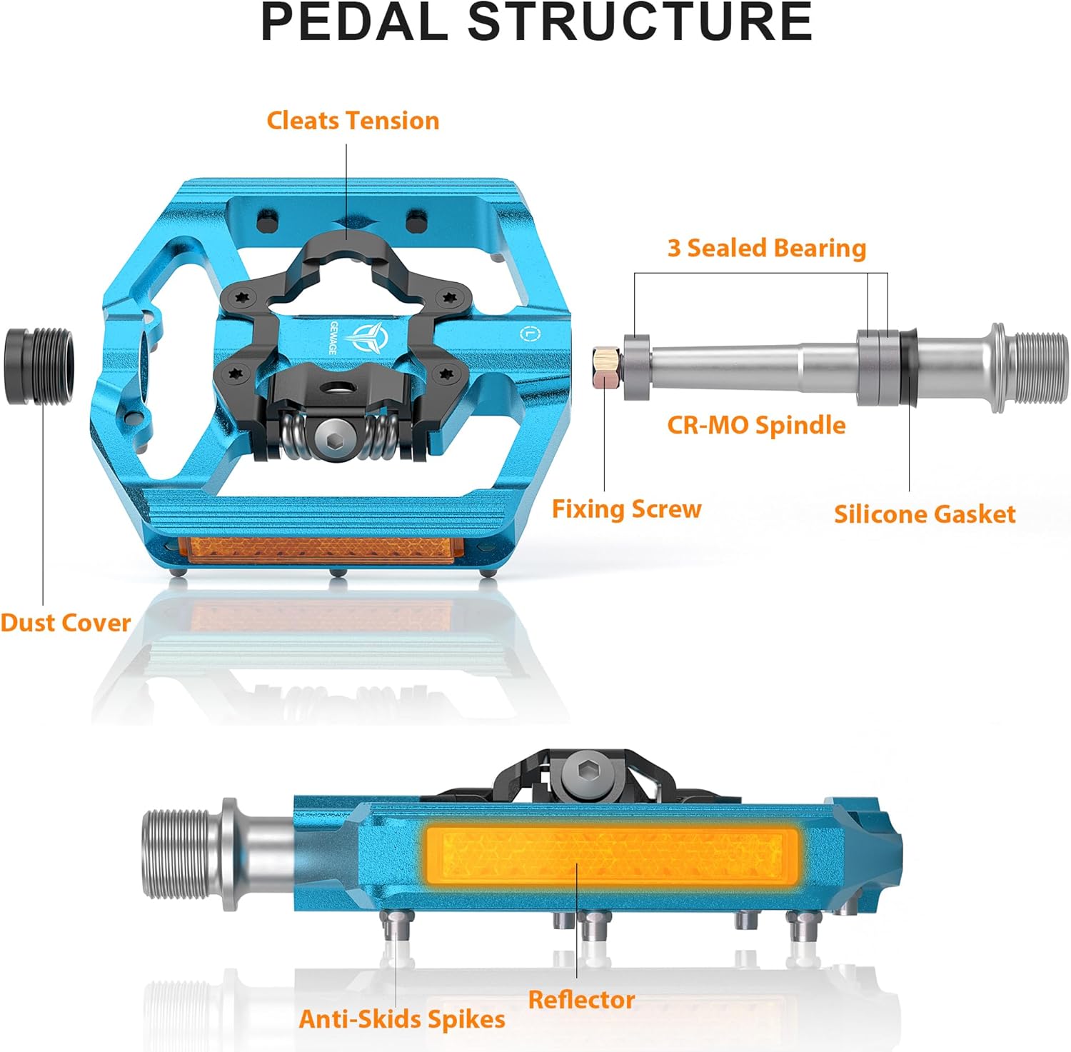 Thumbnail 1 de GEWAGE Pédales VTT double-face SPD et plateforme, 9/16" with réflecteurs – 3 roulements étanches