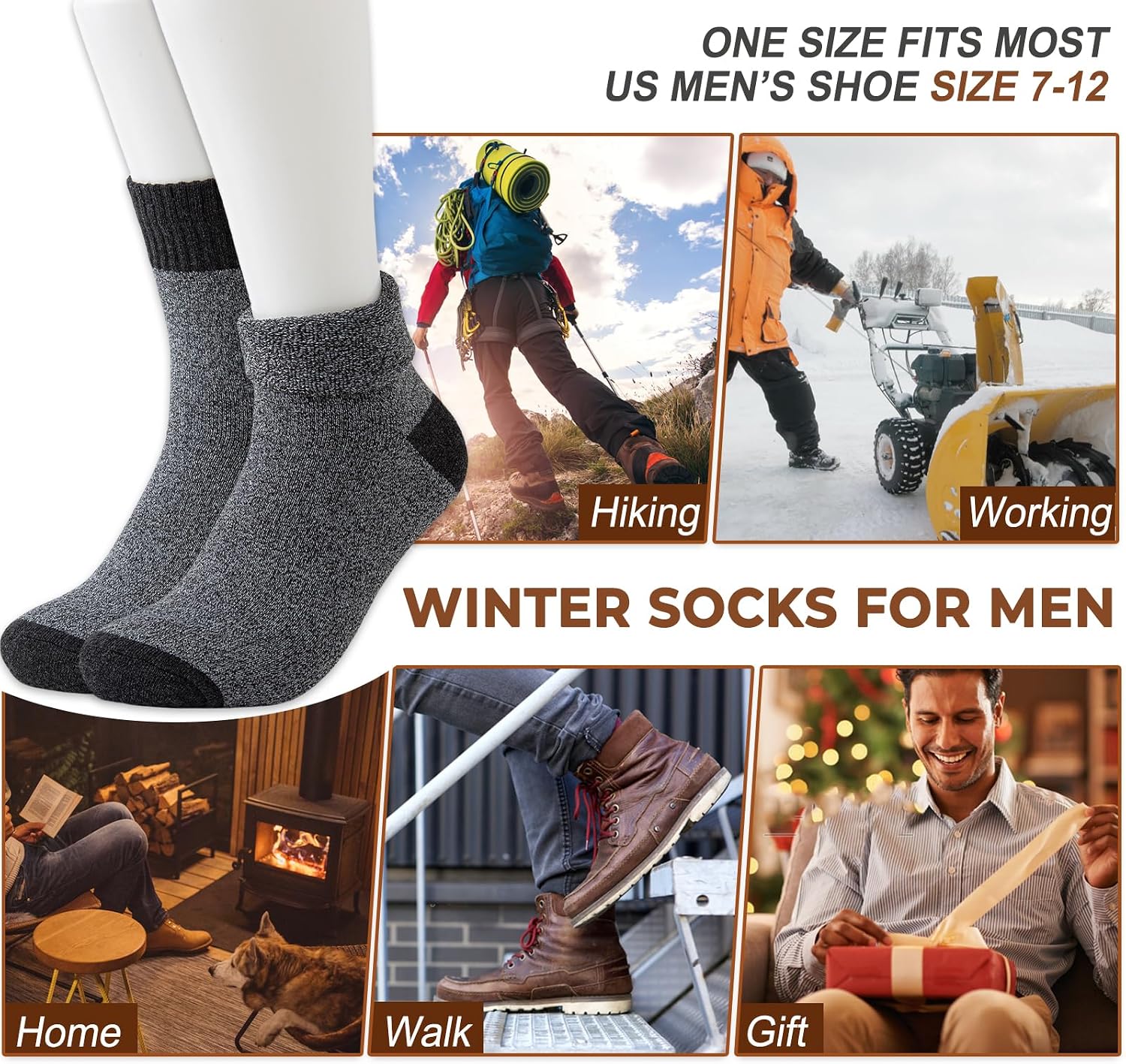 Thumbnail 5 de VoJoPi 5-Pair Men's Wool Blend Crew Socks, Cushioned Thermal Winter Boot Socks