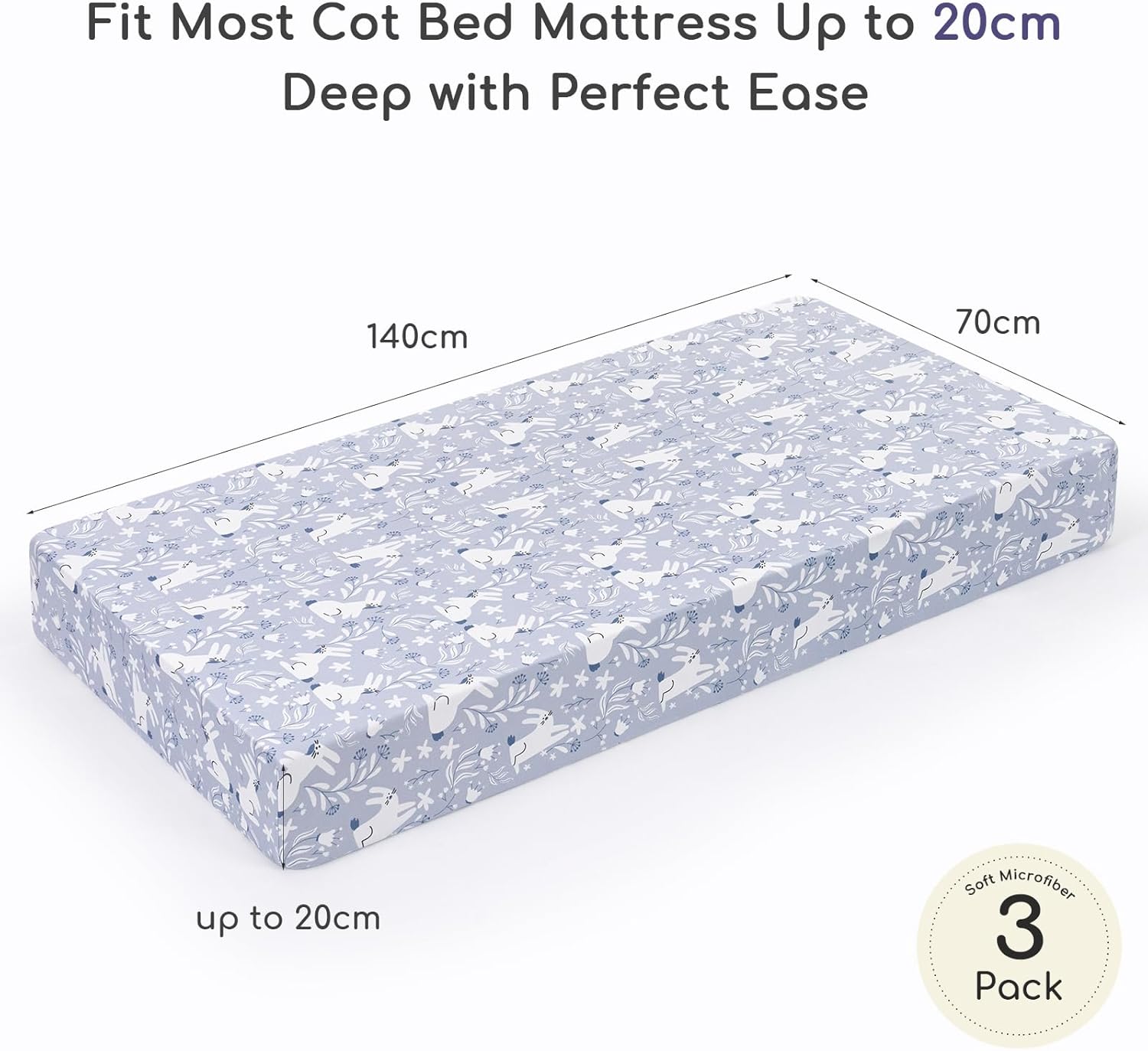 Thumbnail 2 de Yukkidds Cot Bed Sheets 140x70cm Fitted 3 Pack – Soft Microfiber, 360° Secure Fit in Blue Rabbit