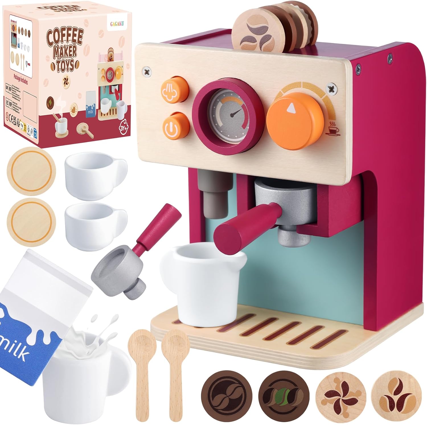 GAGAKU Macchina da caffè per bambini in legno, gioco Montessori per bambini da 3 anni con brocca per latte e accessori