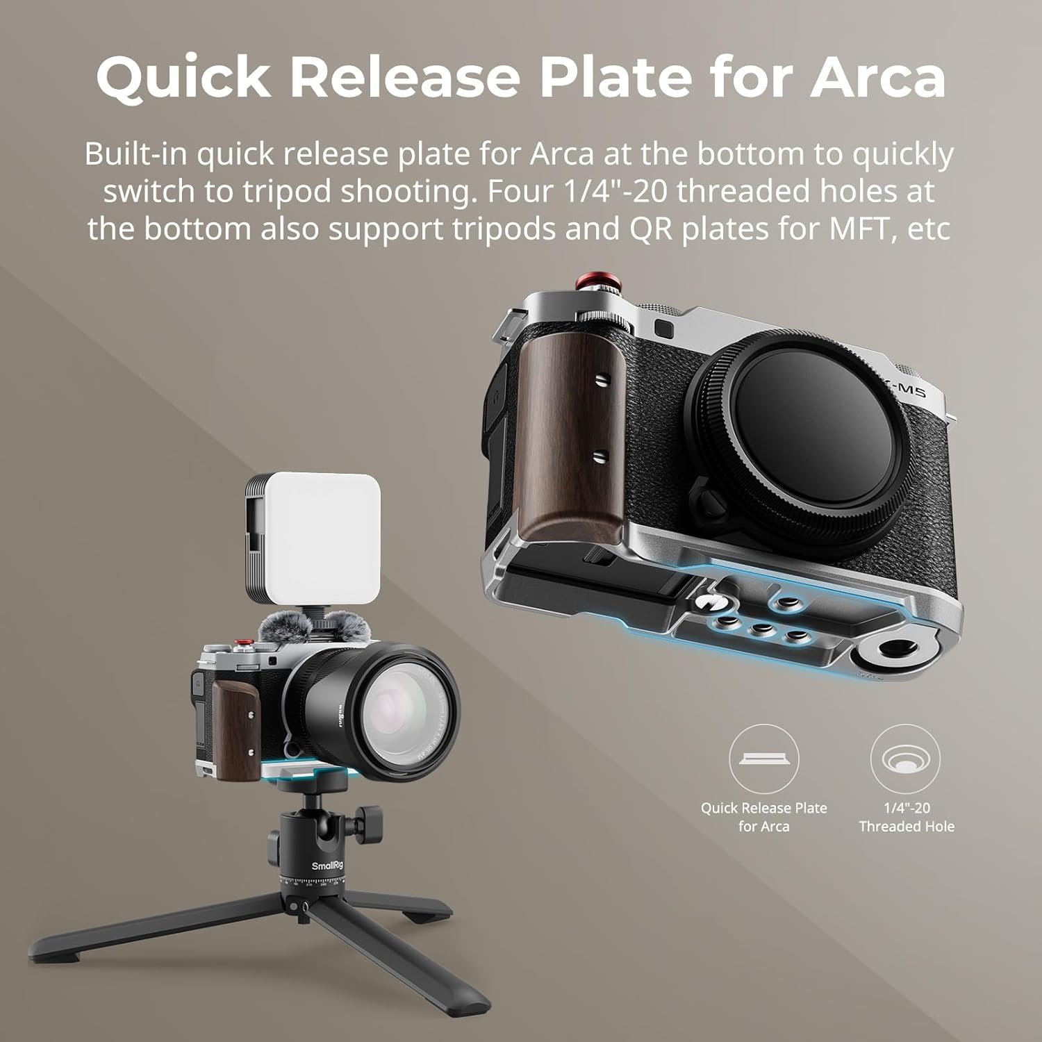 Detalle de Poignée bois L pour FUJIFILM X-M5 avec plaque Arca et pare-brise griffes
