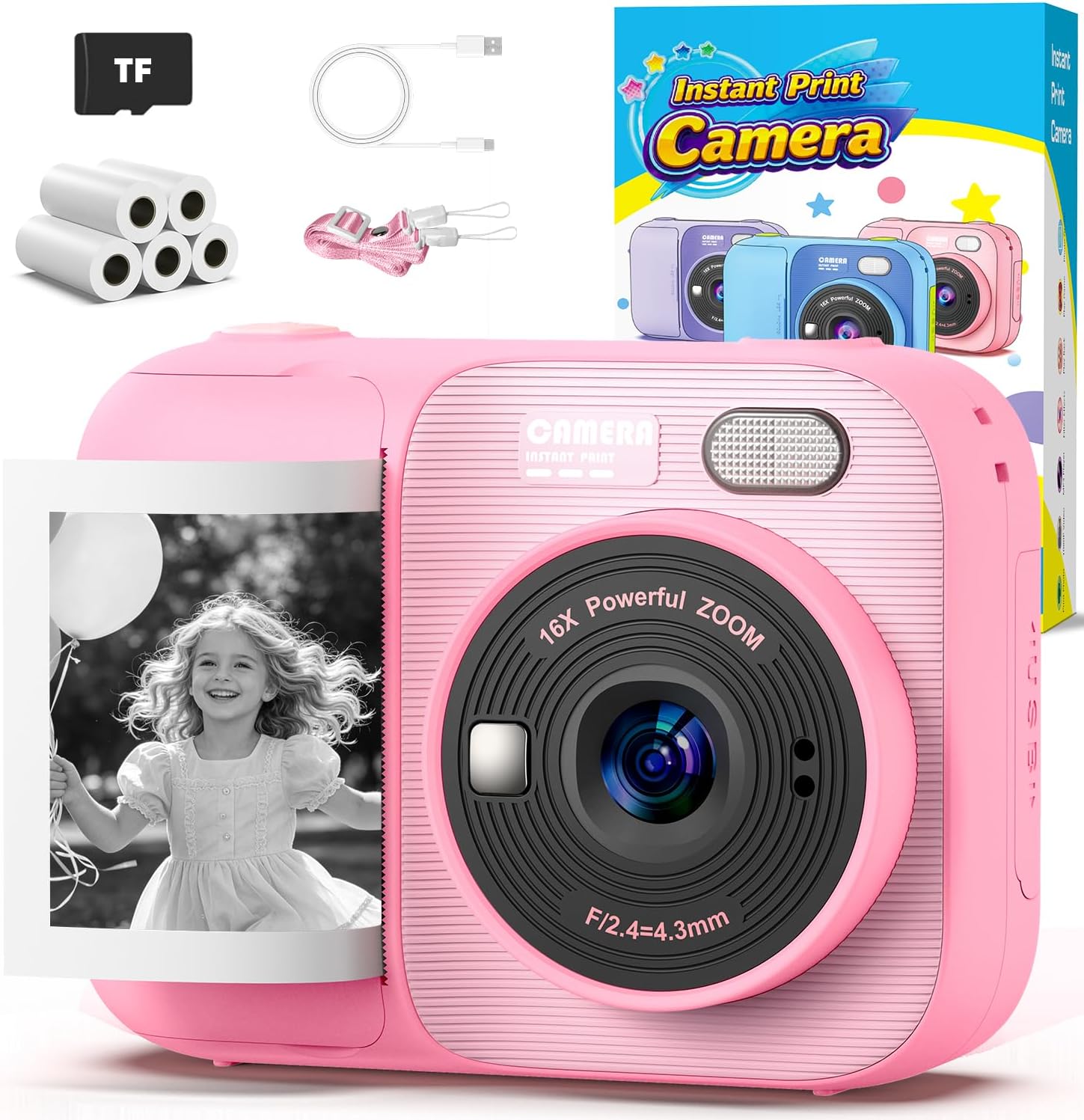 Detalle de HOOMOON P97 Kids Instant Print Camera, 1080p Video, 5 Paper Rolls, Pink