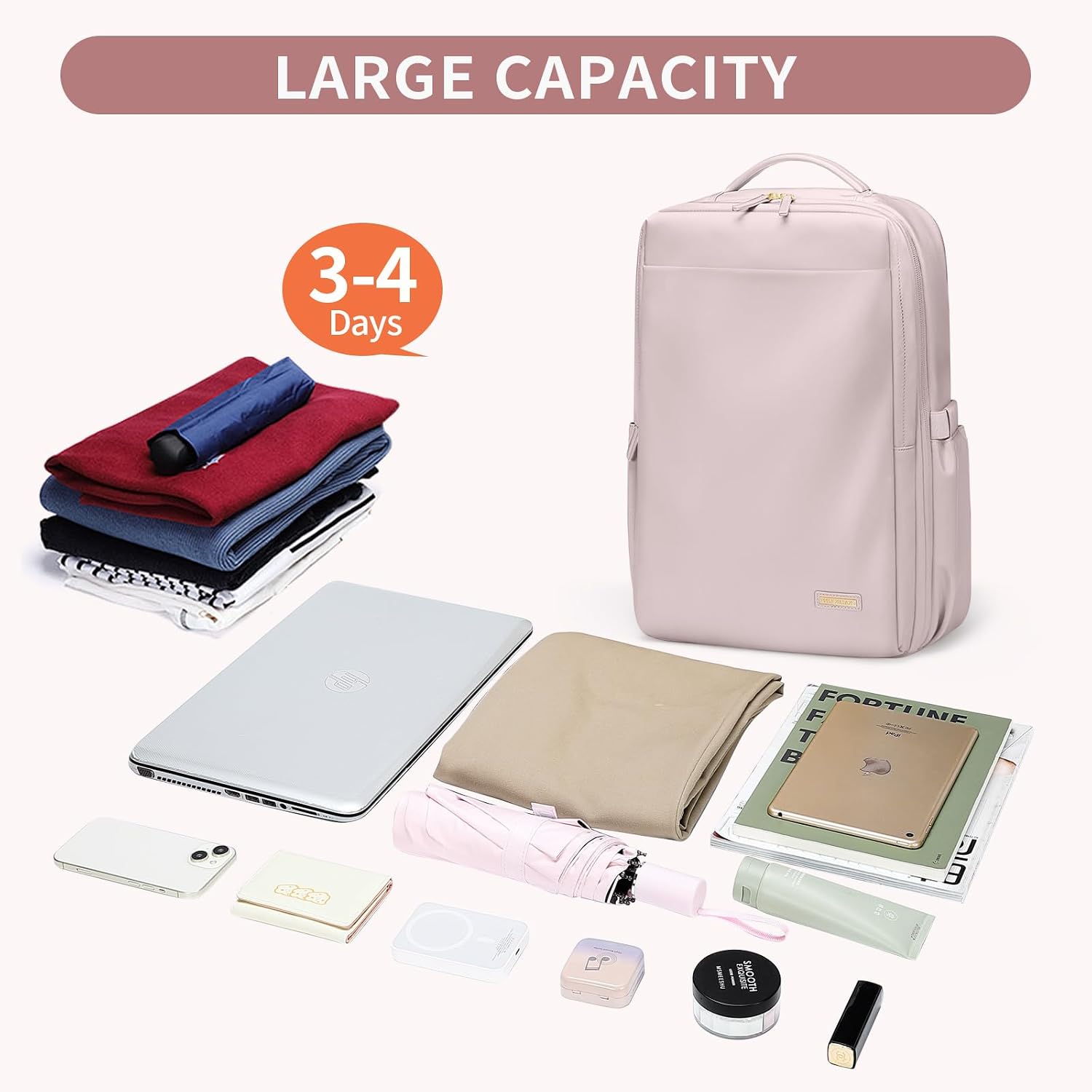Thumbnail 6 de GOLF QUALITY Reiserucksack Damen – Travel Backpack mit 17,3 Zoll Laptop, Grau-Rosa, Handgepäck-kompatibel