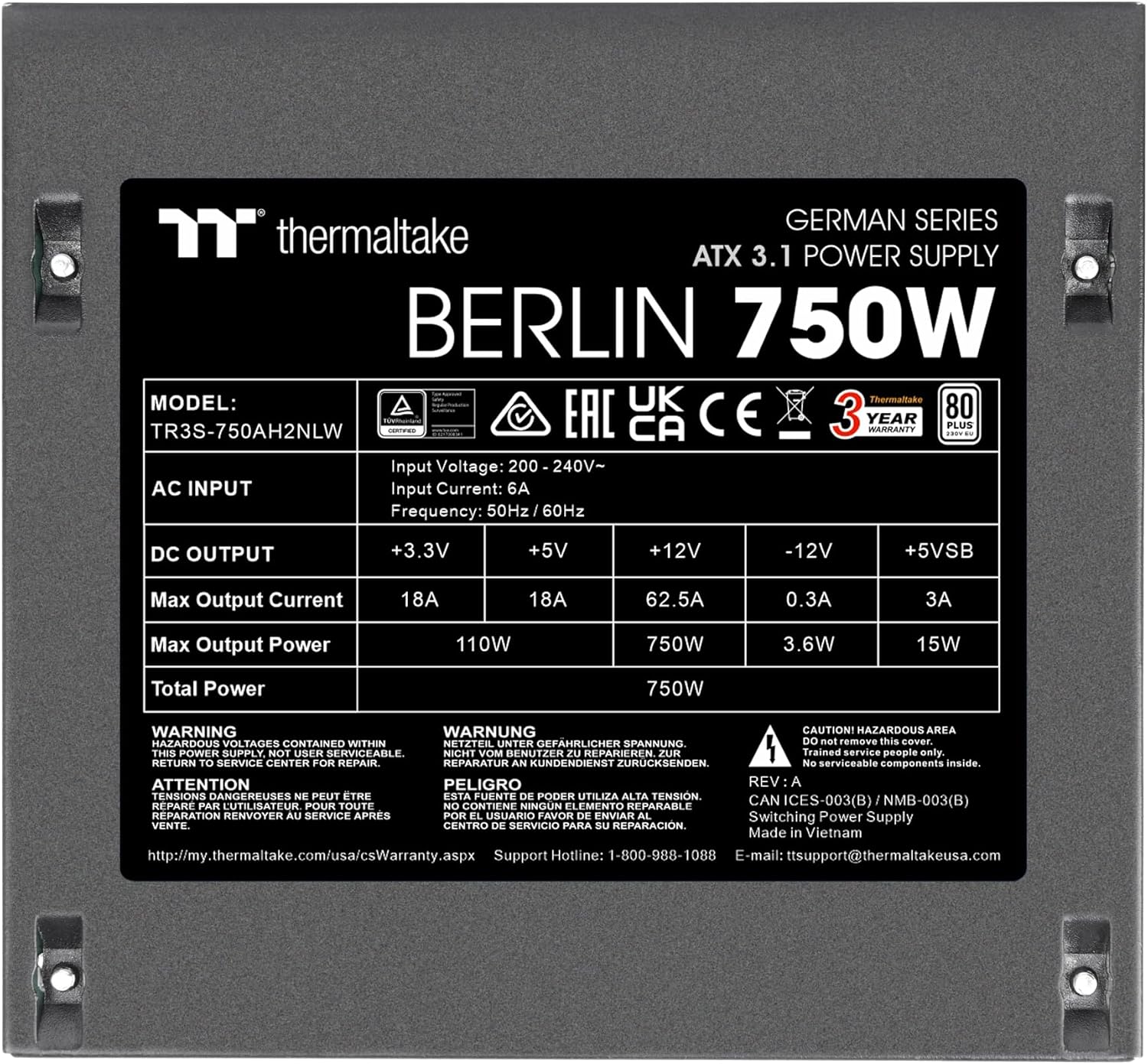 Detalle de Thermaltake Berlin 750W Netzteil (ATX 3.1) mit 12V-2x6-Pin und 80Plus White