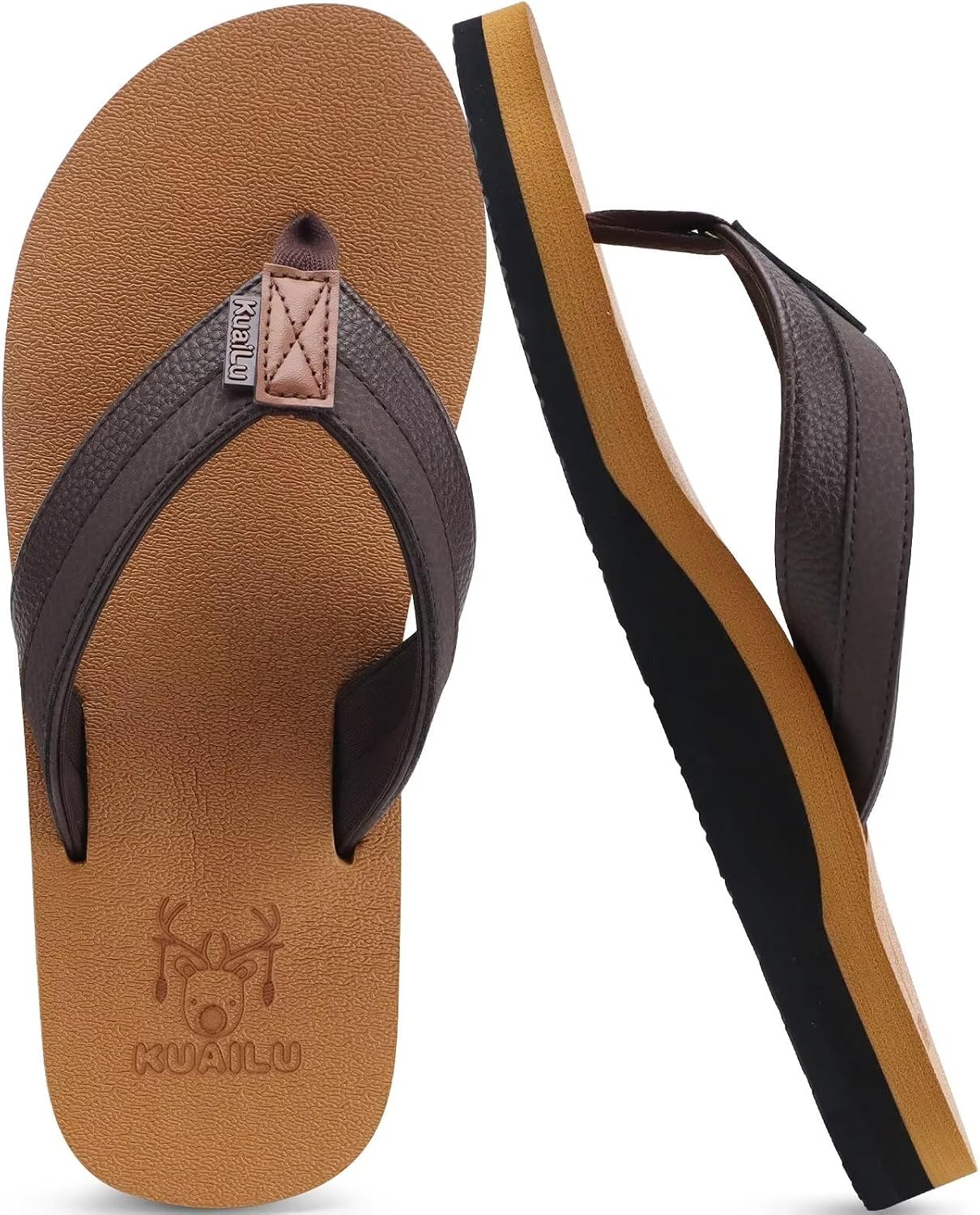 Detalle de KuaiLu men’s leather flip flops with arch support, cushioned yoga foam and non-slip wide fit