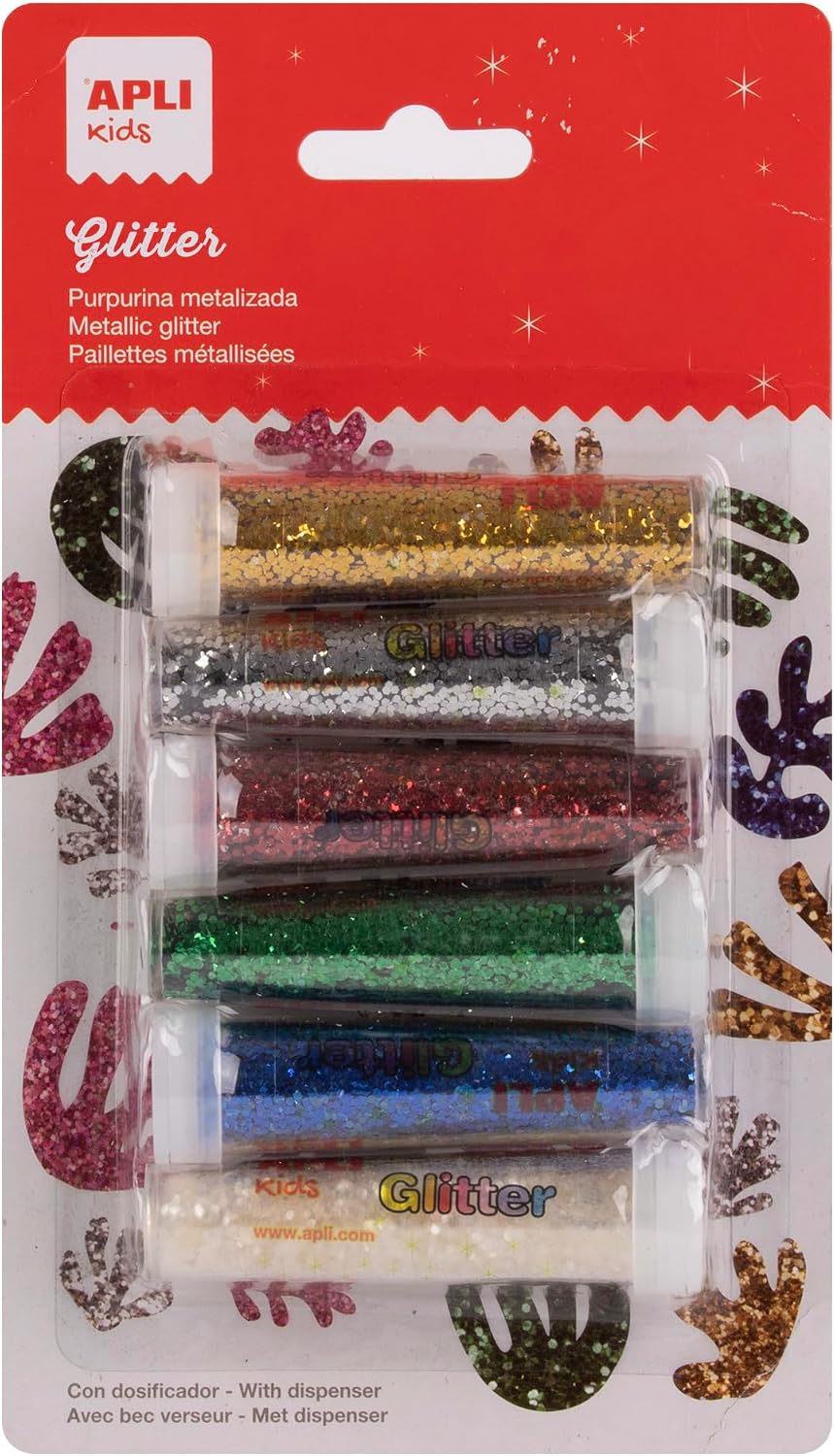Detalle de APLI Kids 20069 biologiskt nedbrytbart glitterpulver, sex färger med metallisk glans