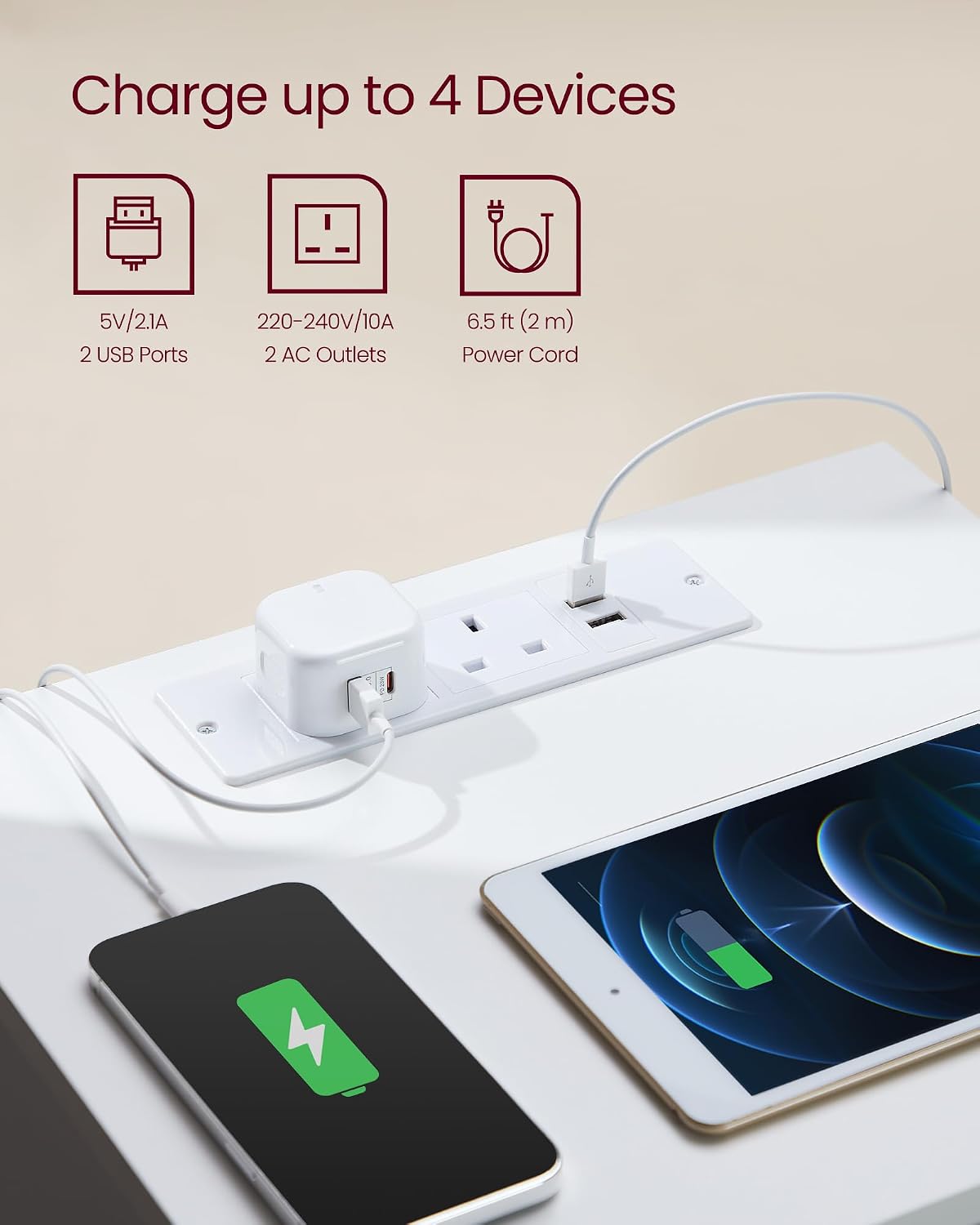 Detalle de VASAGLE KAILYN LET631W15 Bedside Table, 3 Drawers, 2 AC Outlets and 2 USB Ports