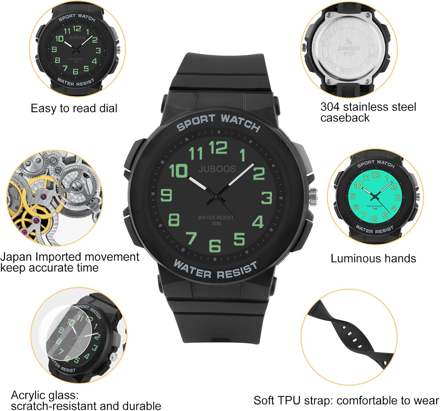 Detalle de Juboos Kinderuhr Analog – 50 m wasserdicht, großes Acrylzifferblatt, beleuchtet, weiches Armband
