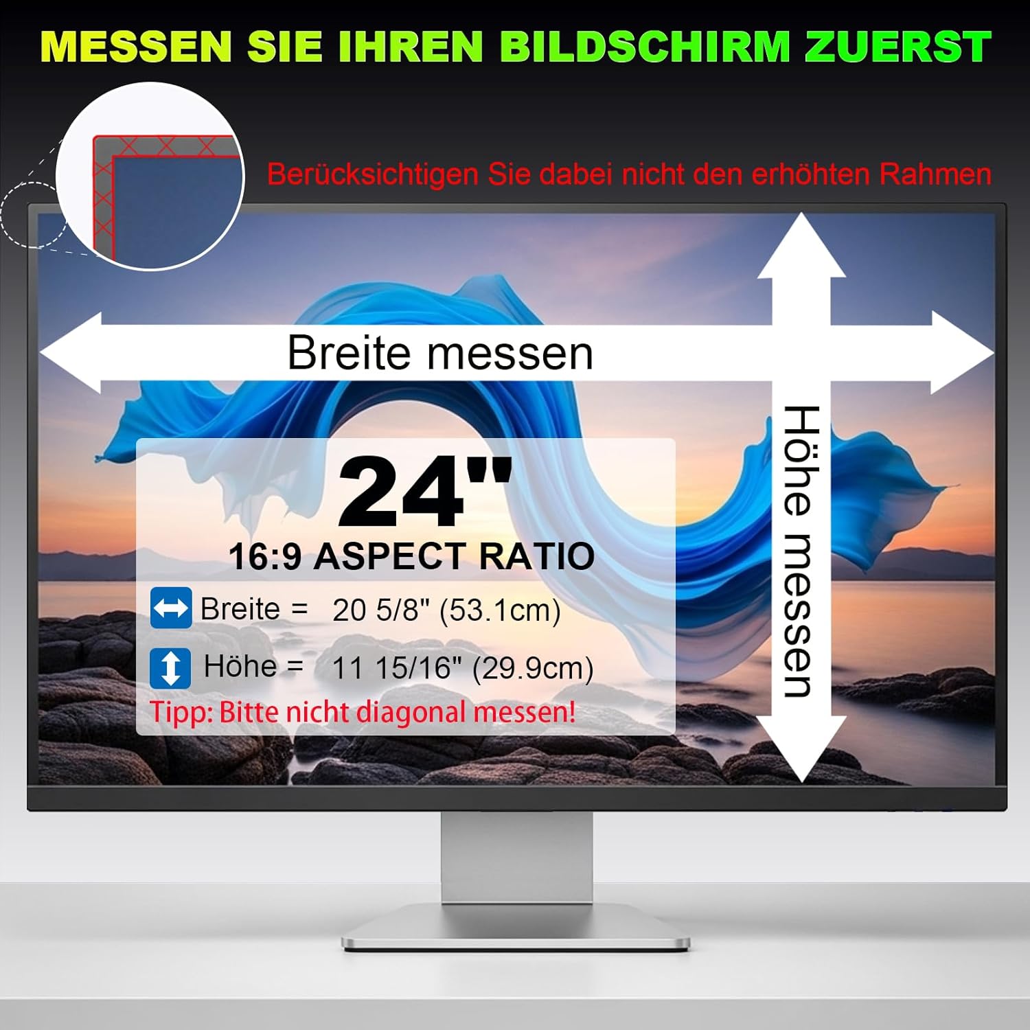Detalle de ruord Sichtschutzfolie für 24 Zoll 16:9 Monitor – Blaulichtfilter, Blendschutz und abnehmbarer Blickschutz (53,1 × 29,9 cm)