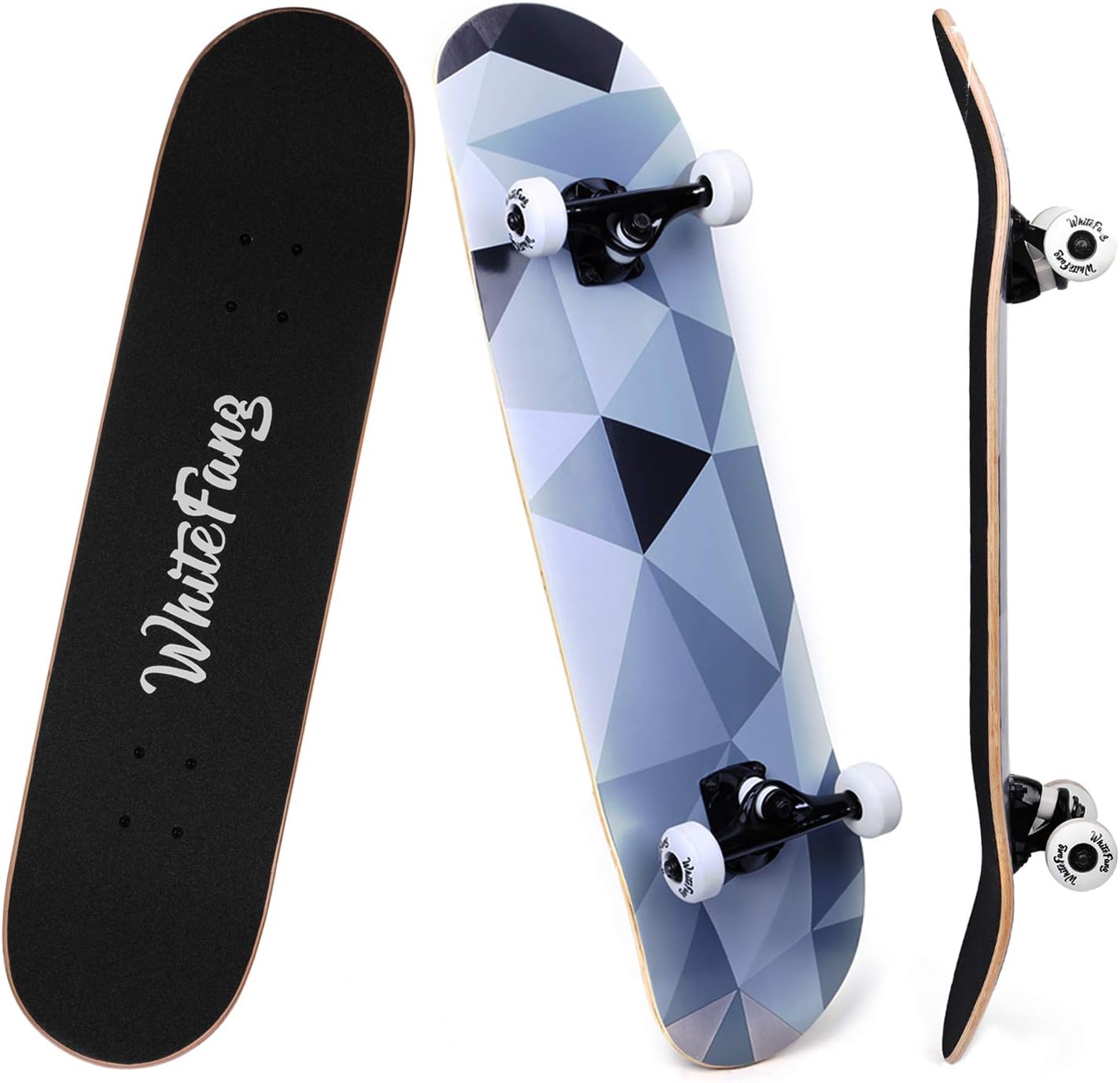 WhiteFang 31 x 7.88" Beginner Complete Skateboard (7-Layer Canadian Maple, Double Kick)
