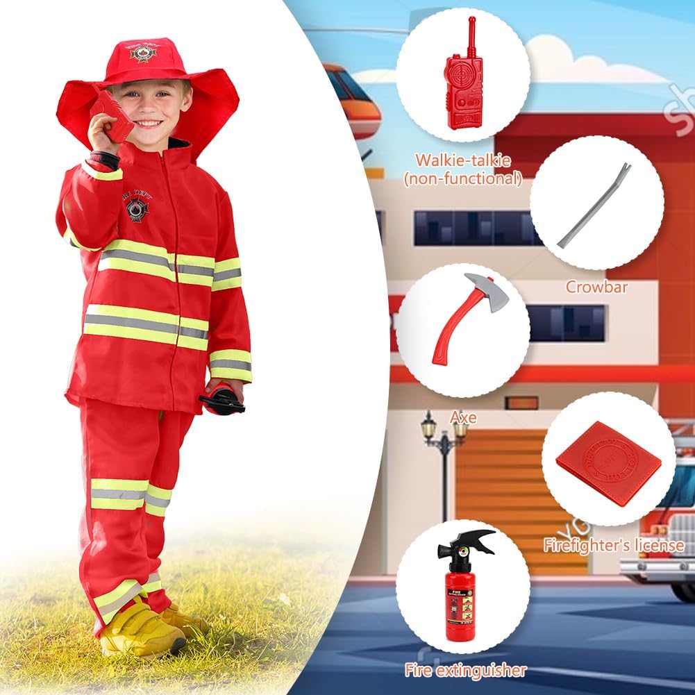 Detalle de AYBUY Costume da pompiere per bambini 8 pezzi rosso con accessori per giochi d’imitazione