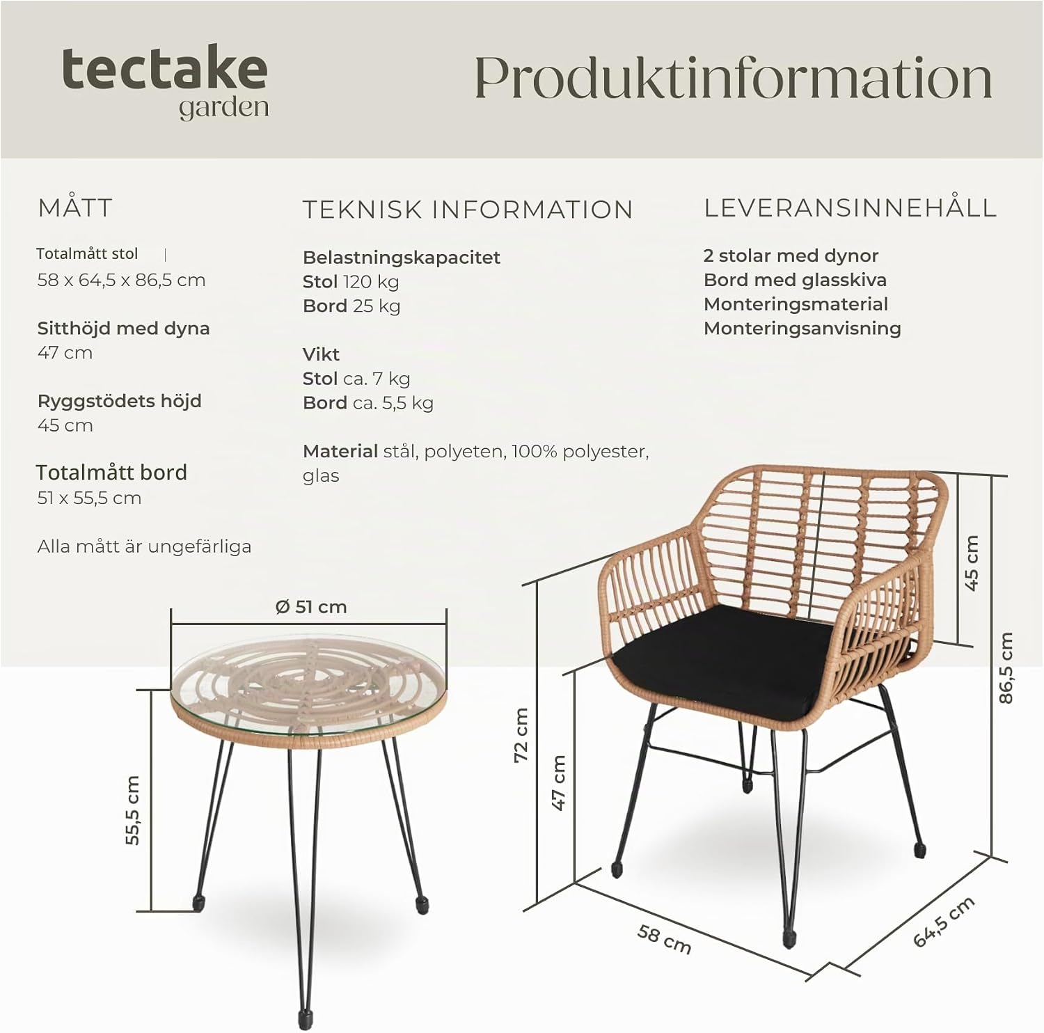 Detalle 2 de tectake 403558-SE caféset i konstrotting med två stolar och bord i glas