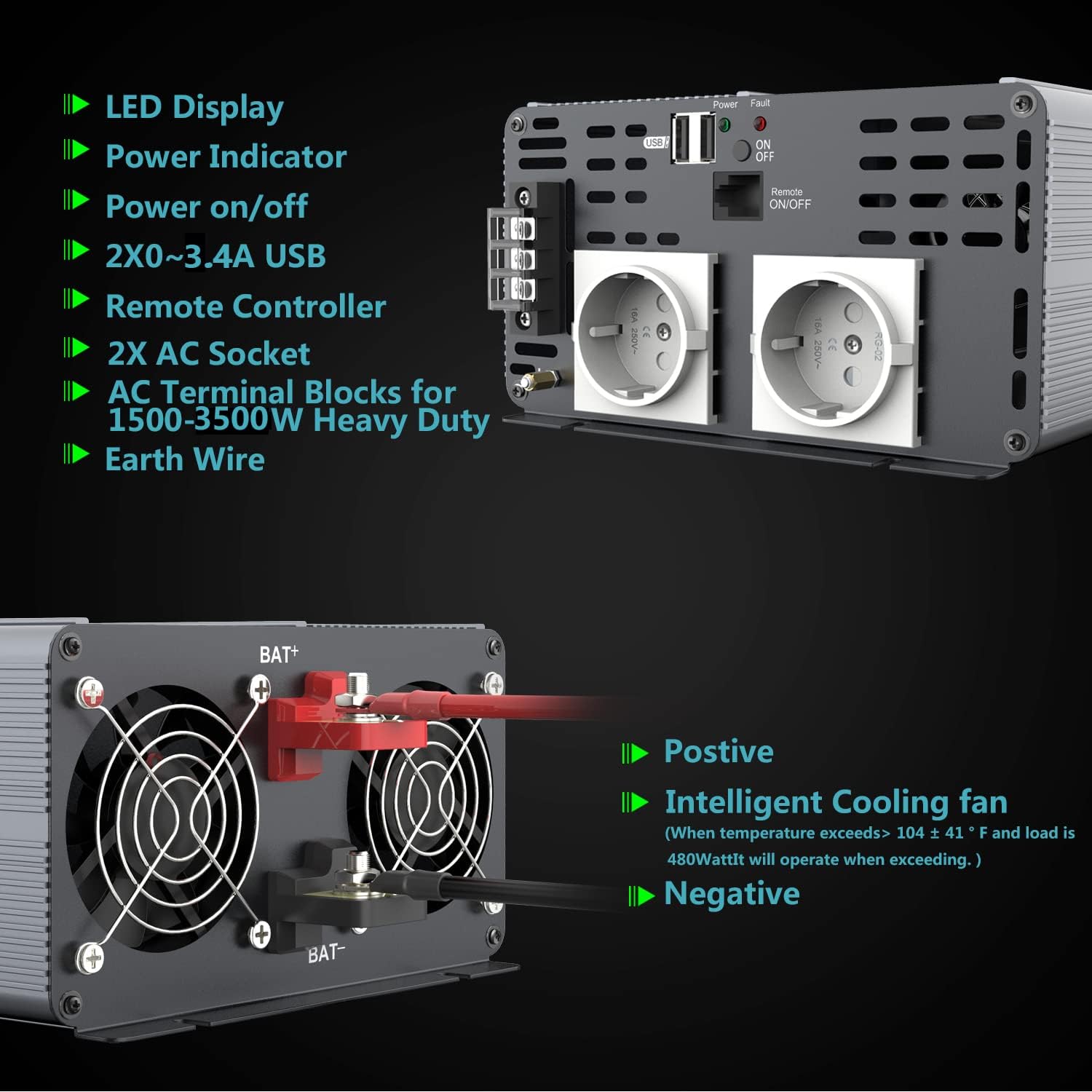 Thumbnail 2 de SUDOKEJI FLAMEZUM 3500W Wechselrichter 24V–230V