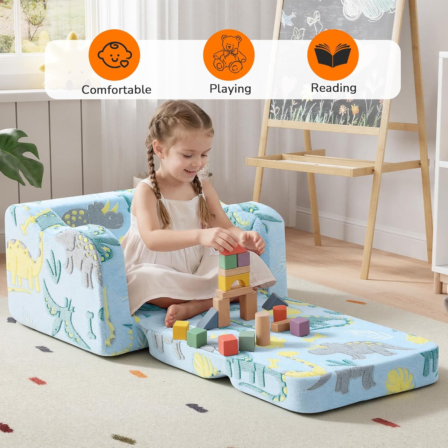 Detalle de MeMoreCool Glowing Dinosaur Kids Chair (2-in-1 Convertible) – Glow-in-the-Dark Dino Couch Lounger, Sky Blue