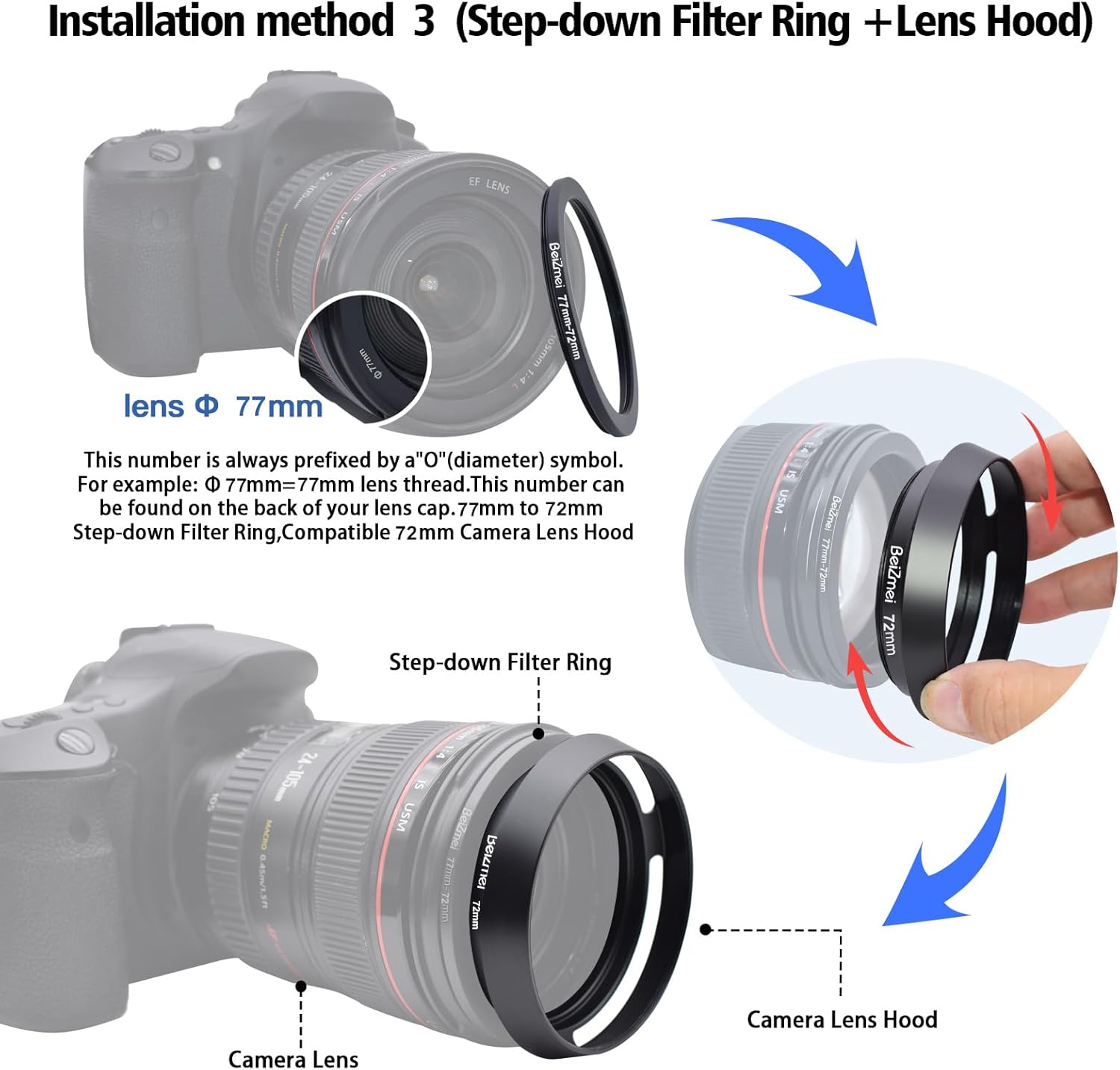 Detalle de BEIZMEI 72mm Camera Lens Hood with 72mm Lens Cap – CNC metal hood for Ø72mm filter-thread lenses