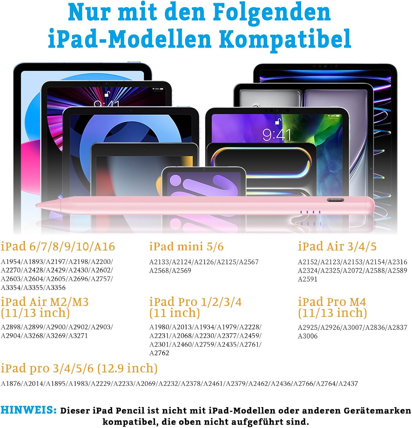Thumbnail 2 de iPad Stift (Apple Pencil kompatibel) für iPad 2018–2025, mit Neigungssensor, Palm Rejection und Type‑C Schnellladung – Rosa