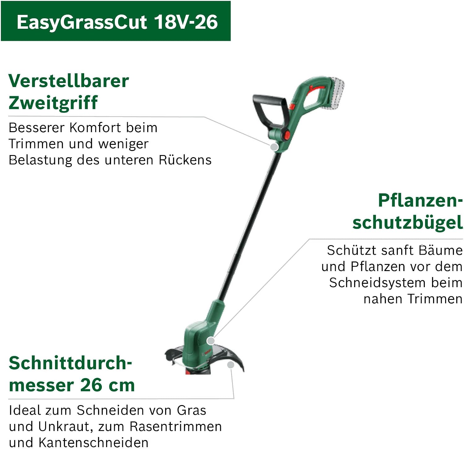 Detalle de Bosch Akku-Rasentrimmer EasyGrassCut 18V-26 (ohne Akku) – 26-cm-Schnittkreis für kleinere Gärten