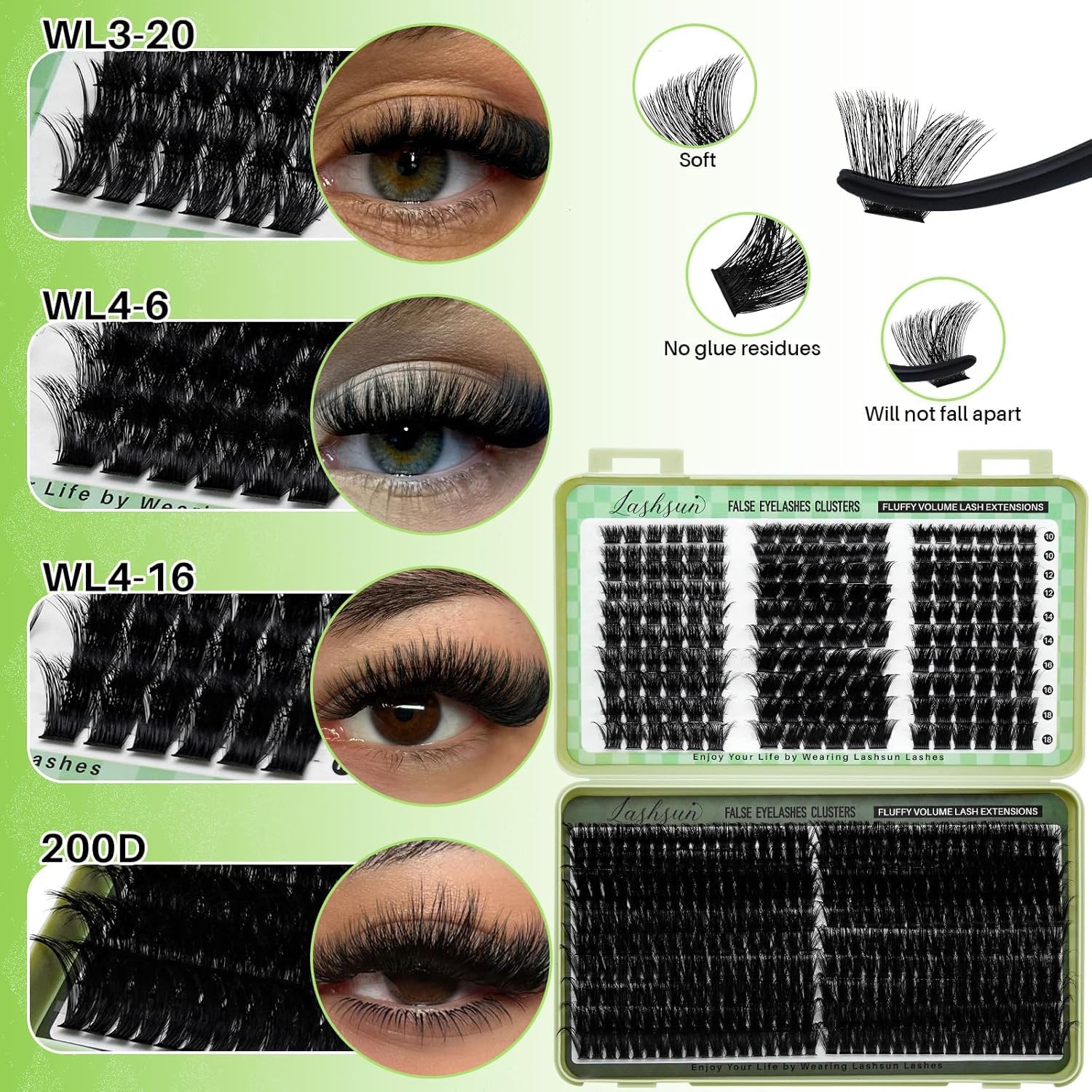 Detalle 2 de LASHSUN Lash Clusters Kit 540pcs D Curl 10-22mm Wispy Cluster Lashes Kit