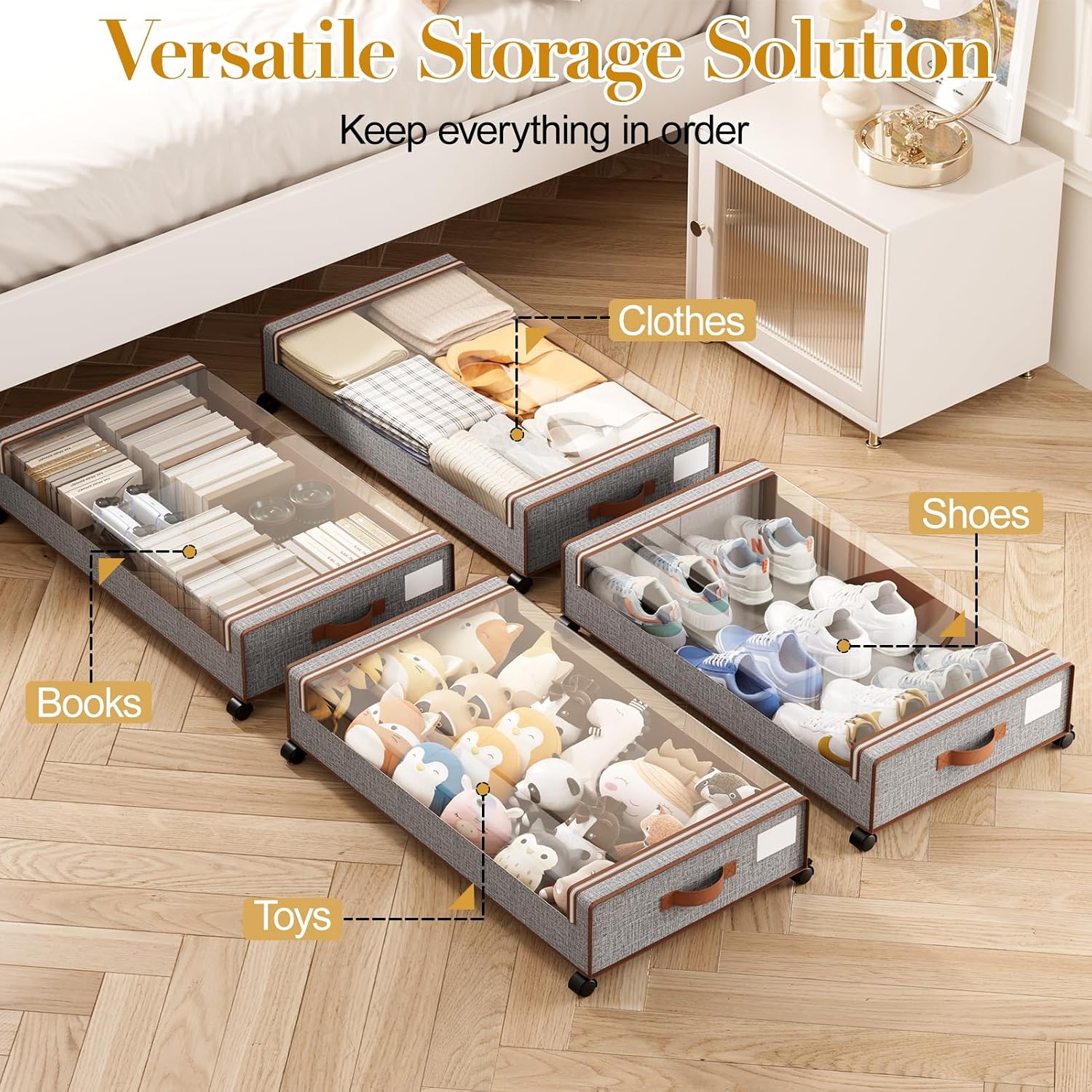 Detalle de Yecaye Under Bed Storage with Wheels 60L Fabric Bins, 4-Pack, Greige