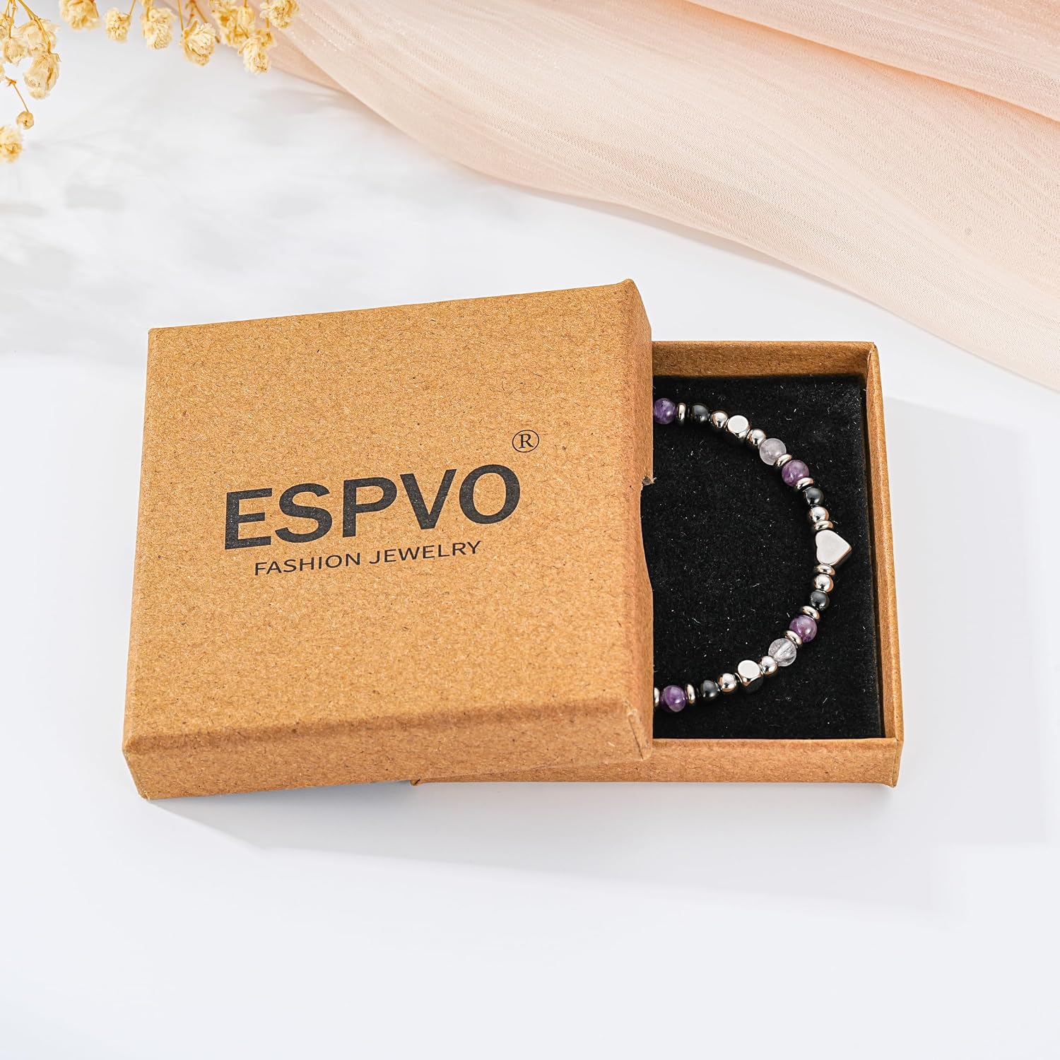 Detalle de ESPVO Crystals Anxiety Bracelet for Women – Amethyst, Black Tourmaline & Rose Quartz Natural Stones