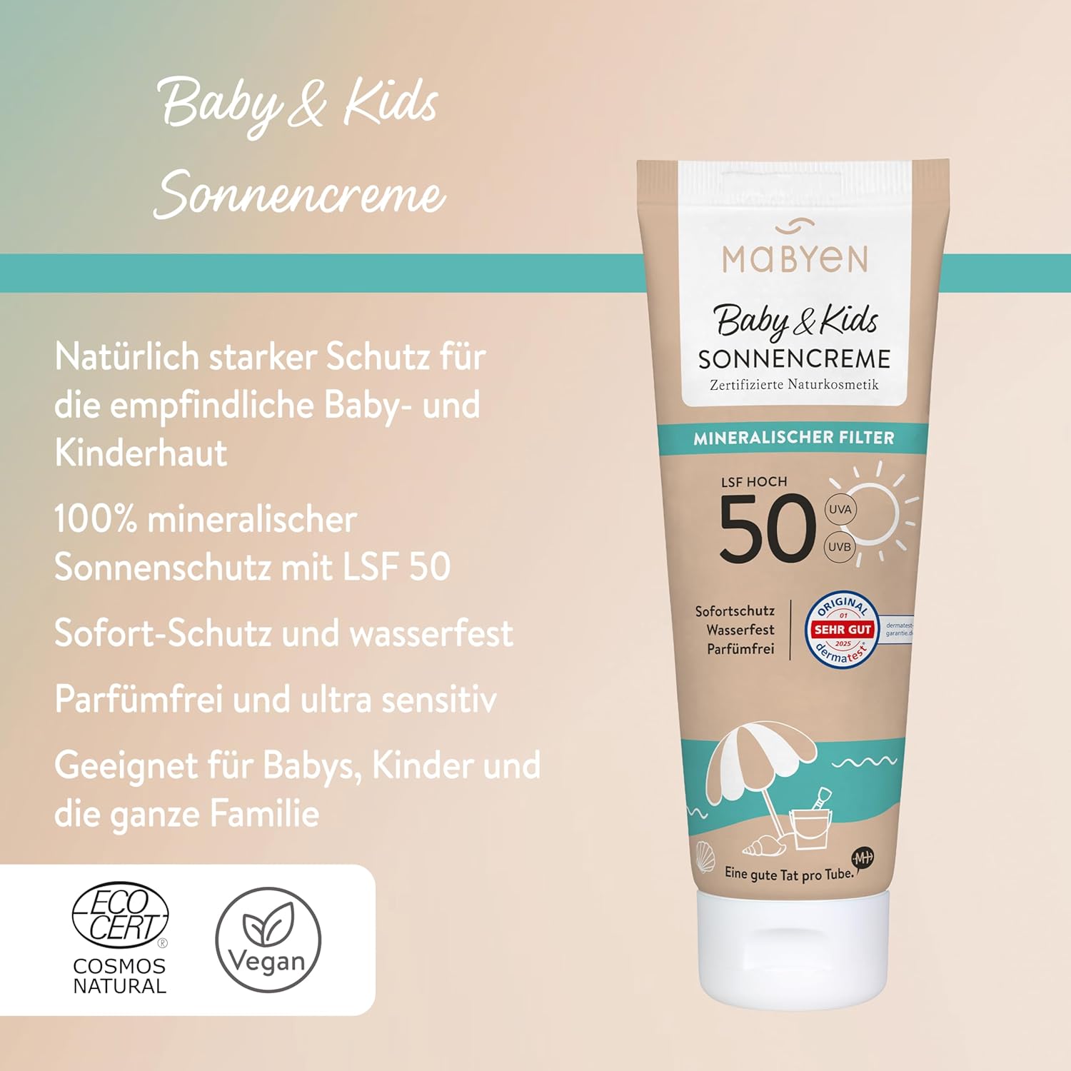 Detalle de MABYEN 100% Mineralische Sonnencreme Baby & Kids LSF 50 – sanfter, sofortiger Schutz ohne Weißeln