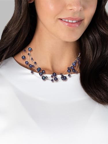 Detalle 2 de Valero Pearls Collier de perles en argent 925 – perles de culture d’eau douce bleu foncé, 43 cm + 5 cm d’extension, 5 rangées