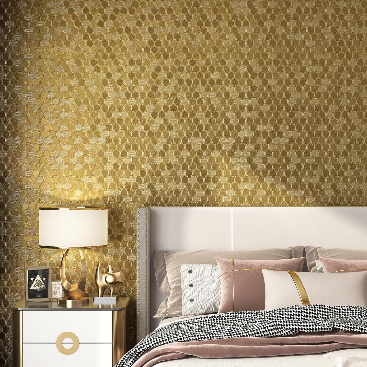 Detalle de FunStick Selbstklebende Tapete Metallisch Braun Gold mit Wabenmuster, 40 cm × 200 cm