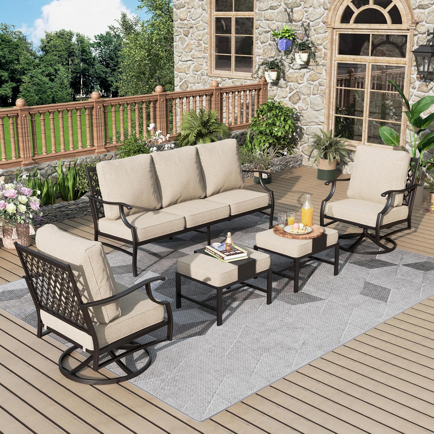 Detalle de MIXPATIO 5-Piece Wrought Iron Patio Conversation Set with Swivel Chairs