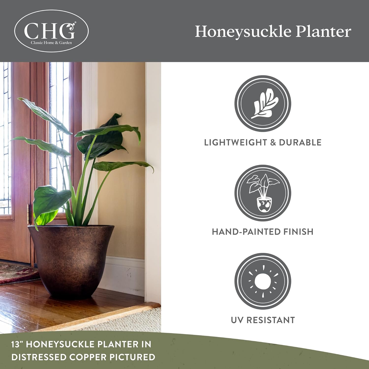 Detalle de Classic Honeysuckle Resin Planter: 15-Inch Lightweight UV-Resistant Flower Pot (Tequila Sunrise)