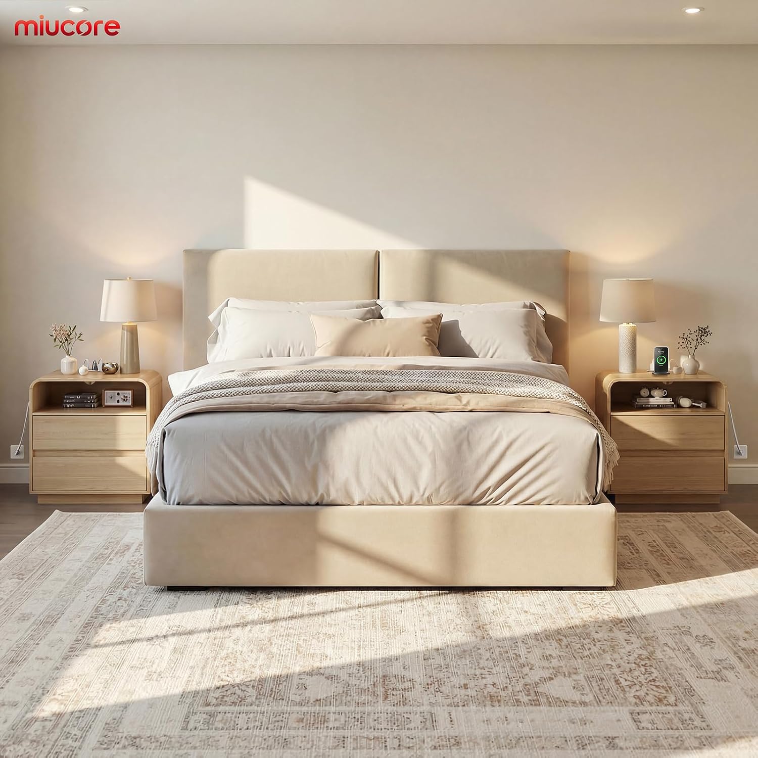 Detalle 2 de Miucore FN-NS002 Natural Oak Nightstand with Charging Station and 2 Drawers