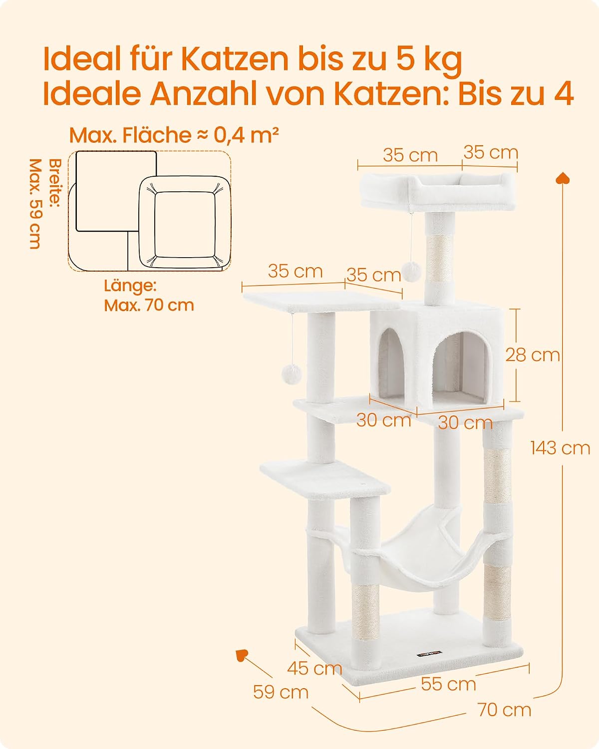Thumbnail 6 de Feandrea Kratzbaum PCT161T01 (143 cm) mit 4 Kratzsäulen, 2 Plattformen, Hängematte und Höhle