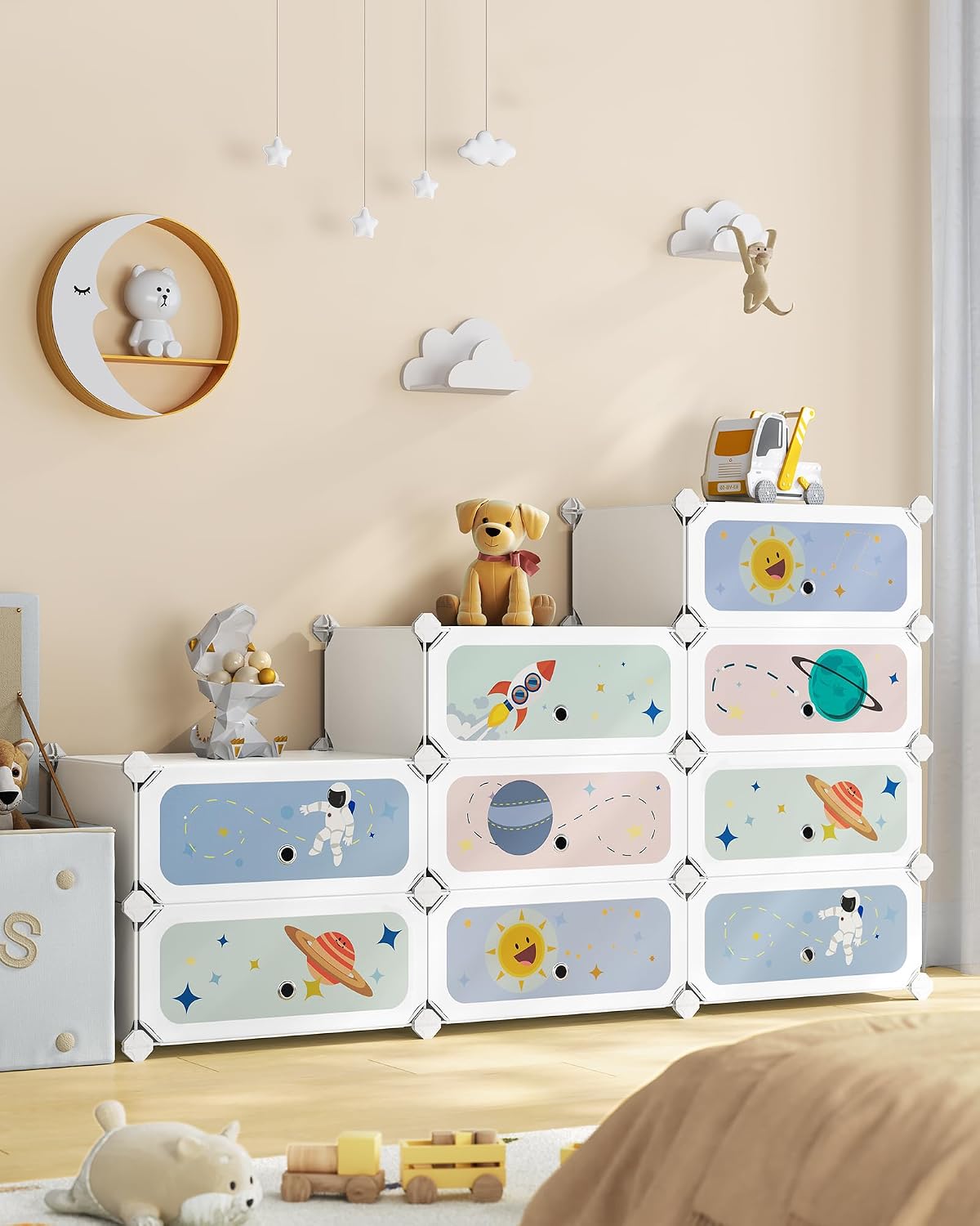 Detalle 2 de SONGMICS Scarpiera a 12 scomparti per bambini con ante e motivi stellari LPC907W01, 31 x 81 x 106 cm