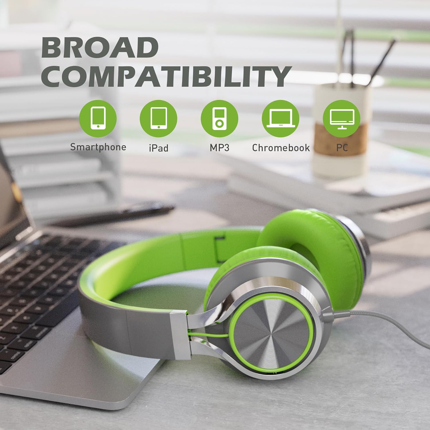Thumbnail 5 de Ailihen C8 Foldable 3.5mm Headphones with Microphone & Volume Control (Grey/Green)