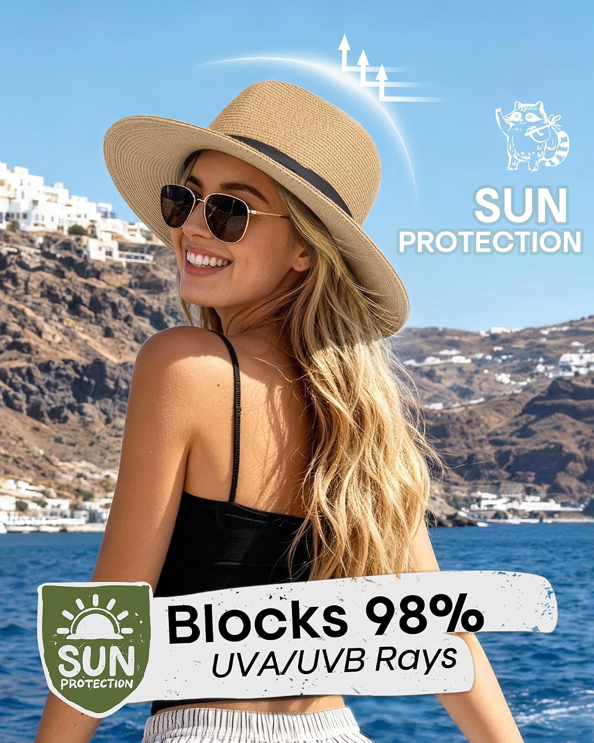 Detalle 2 de FURTALK wide brim straw panama hat fedora for women & men (UPF straw summer sun hat)