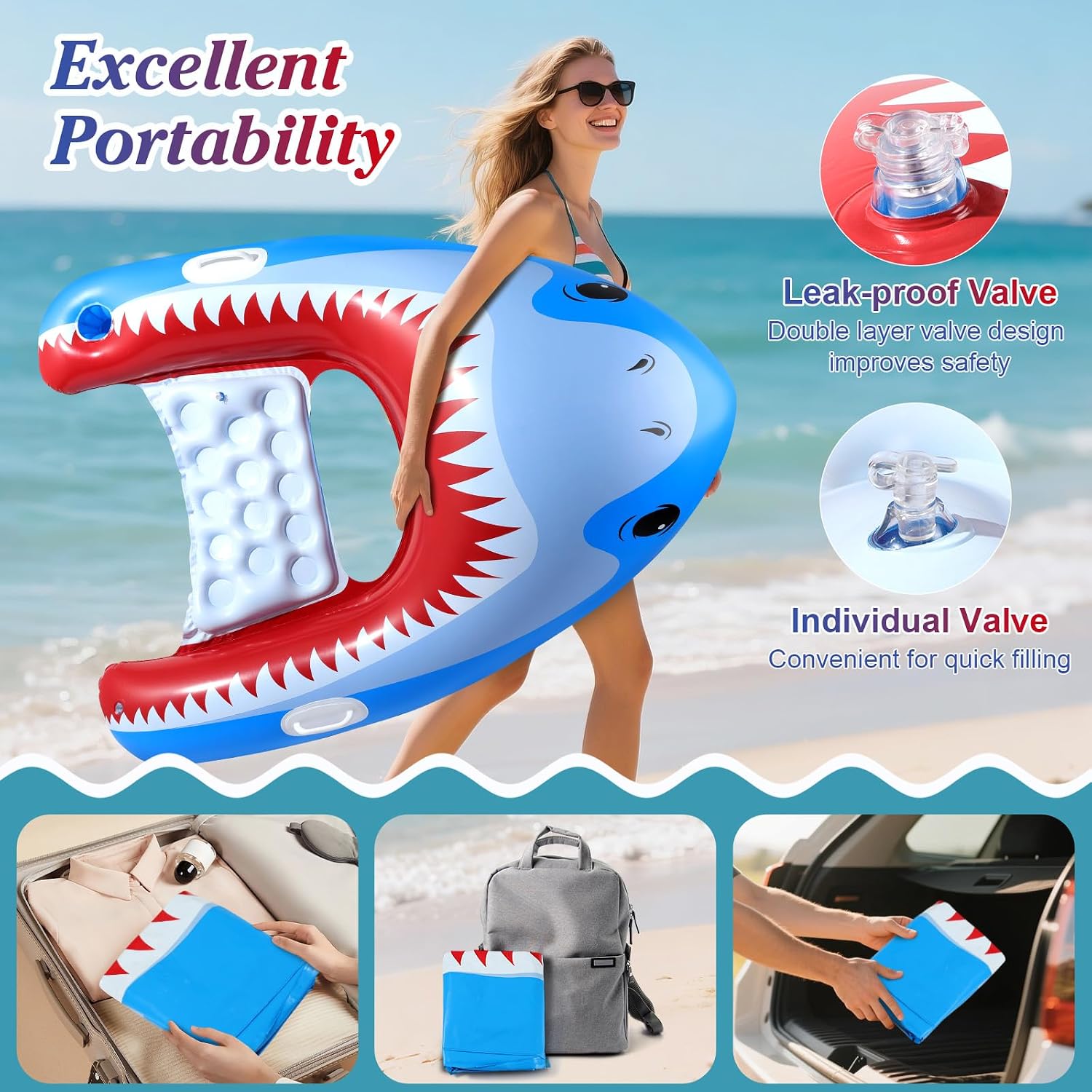 Detalle de HeySplash Inflatable Pool Floats: Shark-Shaped Tanning Lounger with Cup Holder (Extra Large)