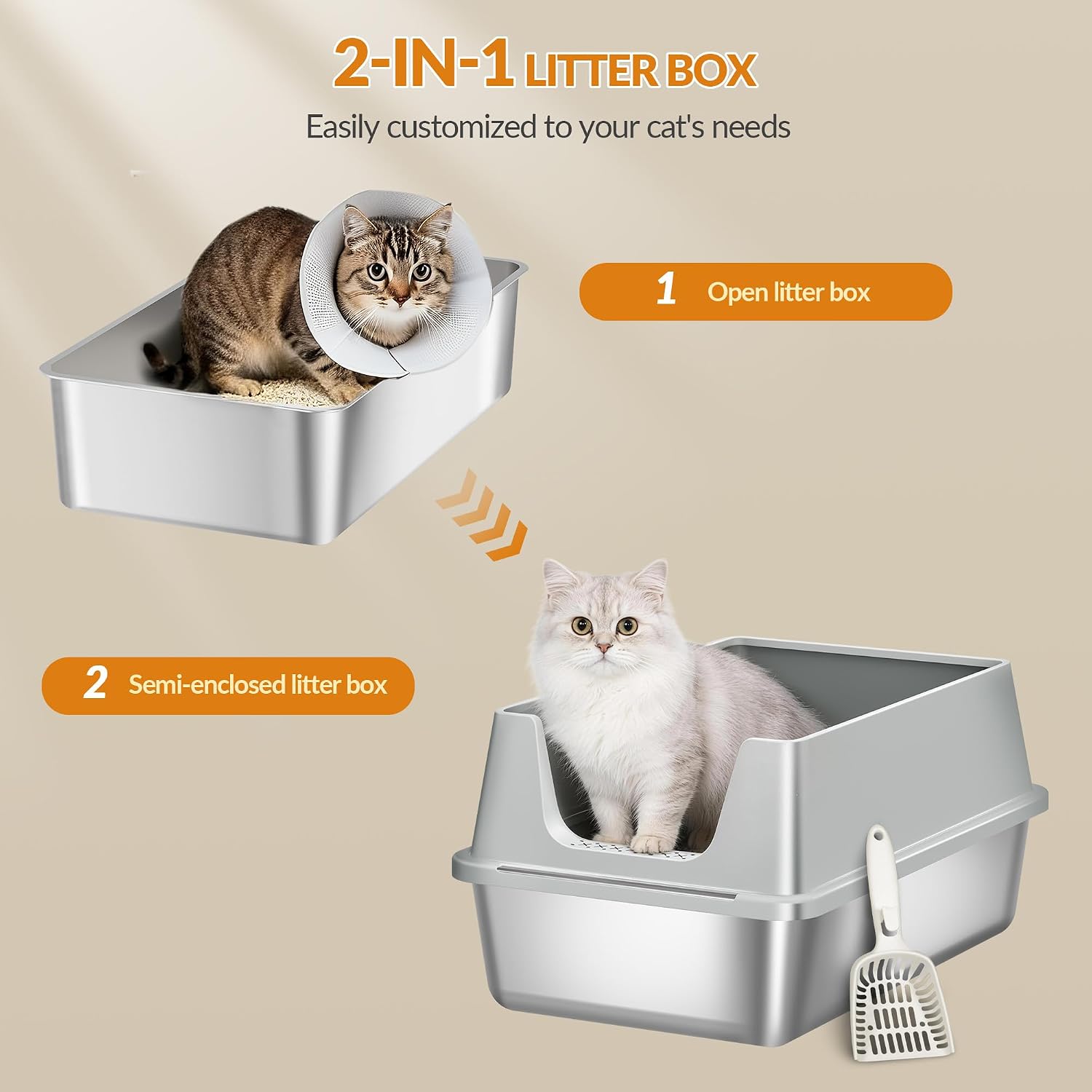 Thumbnail 6 de Lettiera in Acciaio per Gatti XXL Fobyfurny – 60,5 × 40 × 29 cm, 36 L, Bordo Alto 15 cm, Inox