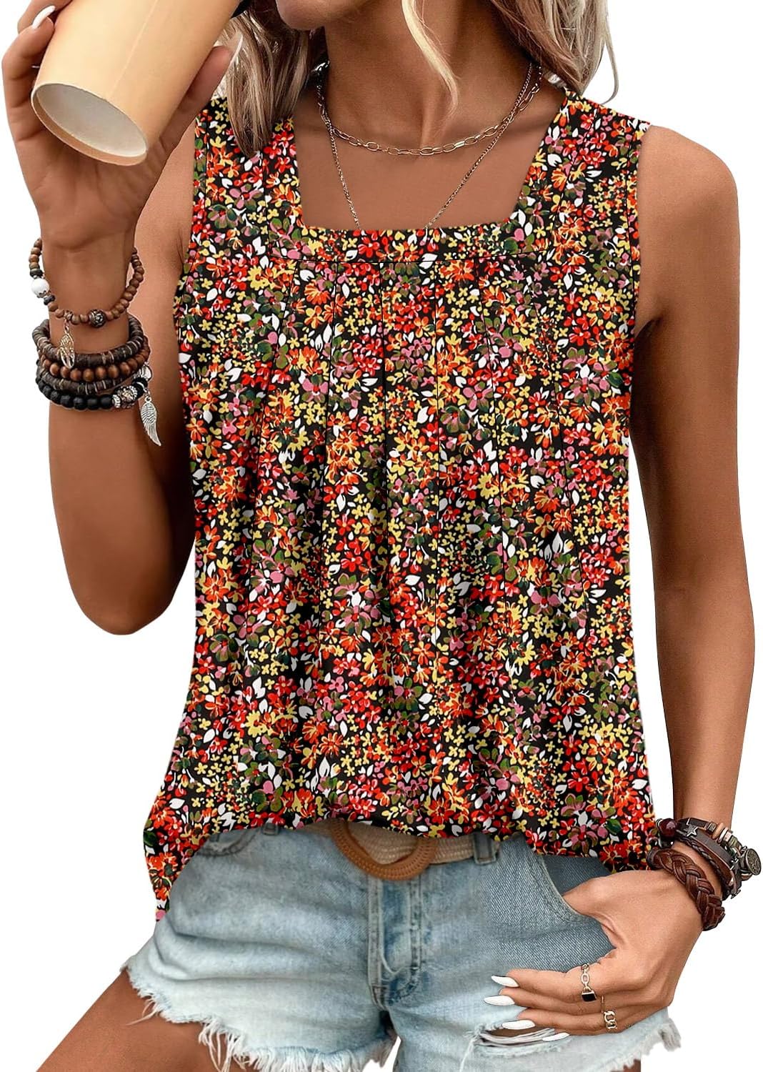 Detalle de onlypuff Sleeveless Pleated Tunic Top, Square Neck, Sizes S–3XL
