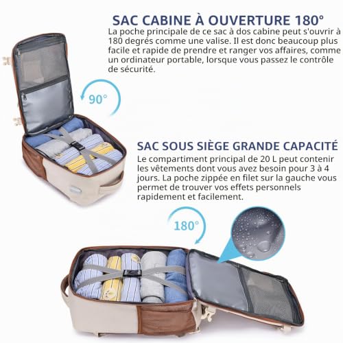 Detalle 1 de PUSLOM Sac à dos cabine 40 x 20 x 25 cm, 20 L, beige avec port USB