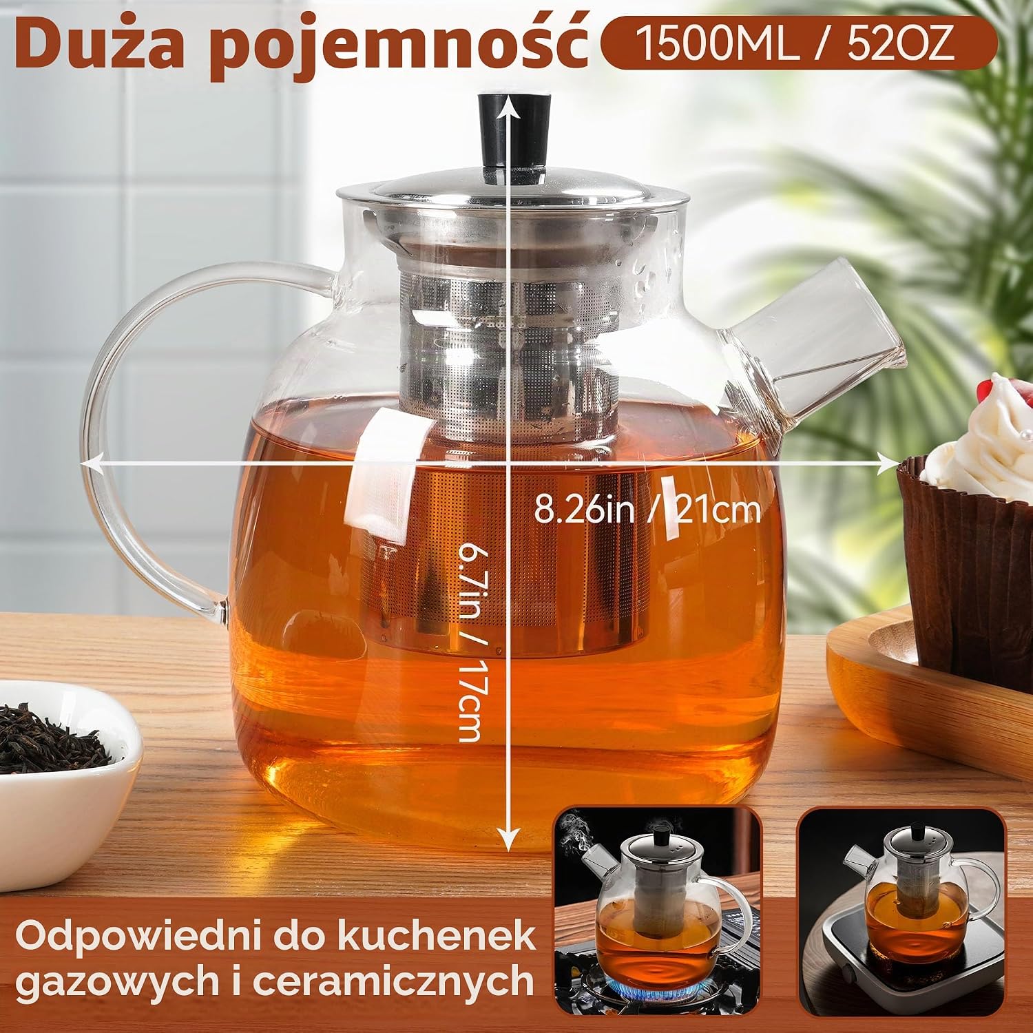 Detalle de Elvior C-0297-01 szklany dzbanek do herbaty 1500 ml z sitkiem